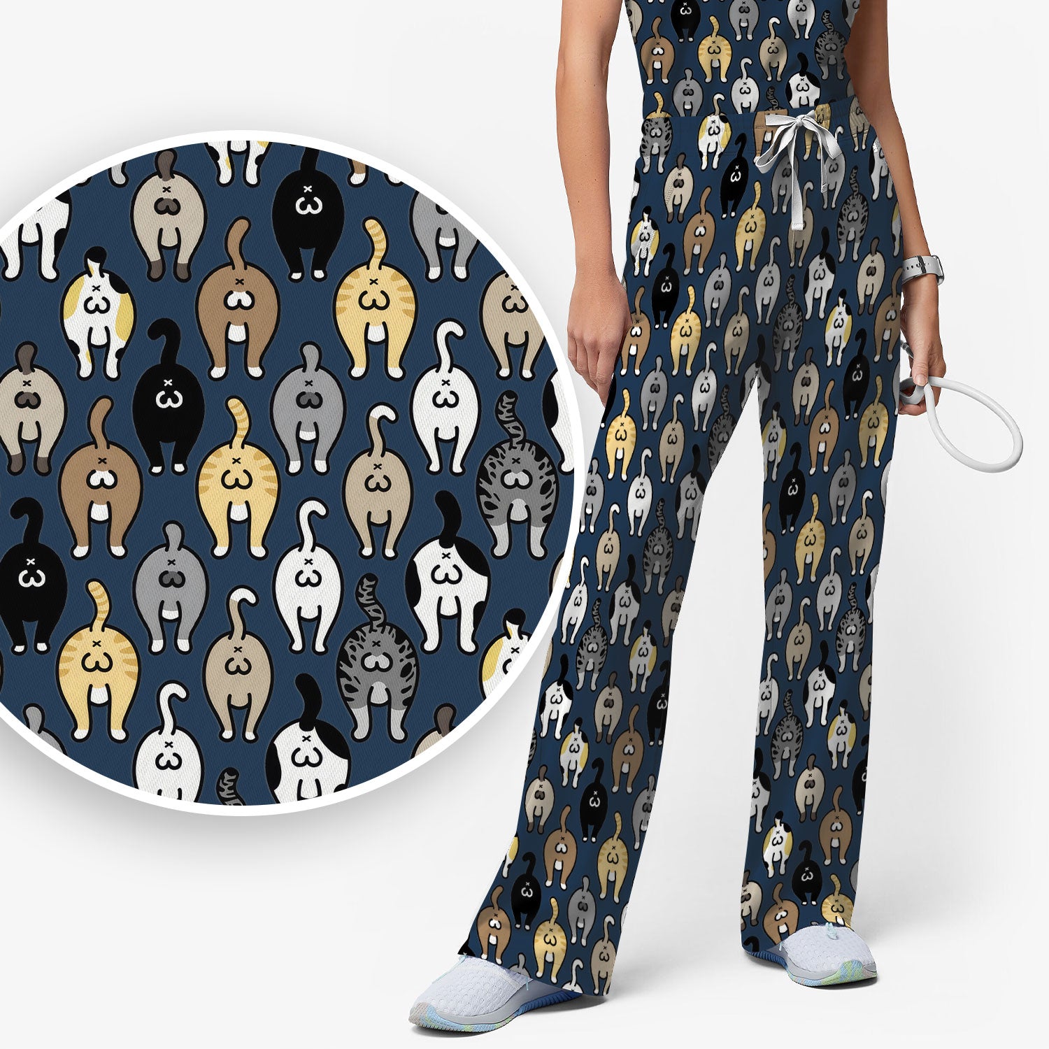 Cat Lover Nurse Scrub Set, Funny Cat Butt Pattern Medical Shirt, Breathable Fabrics Nursing Uniform