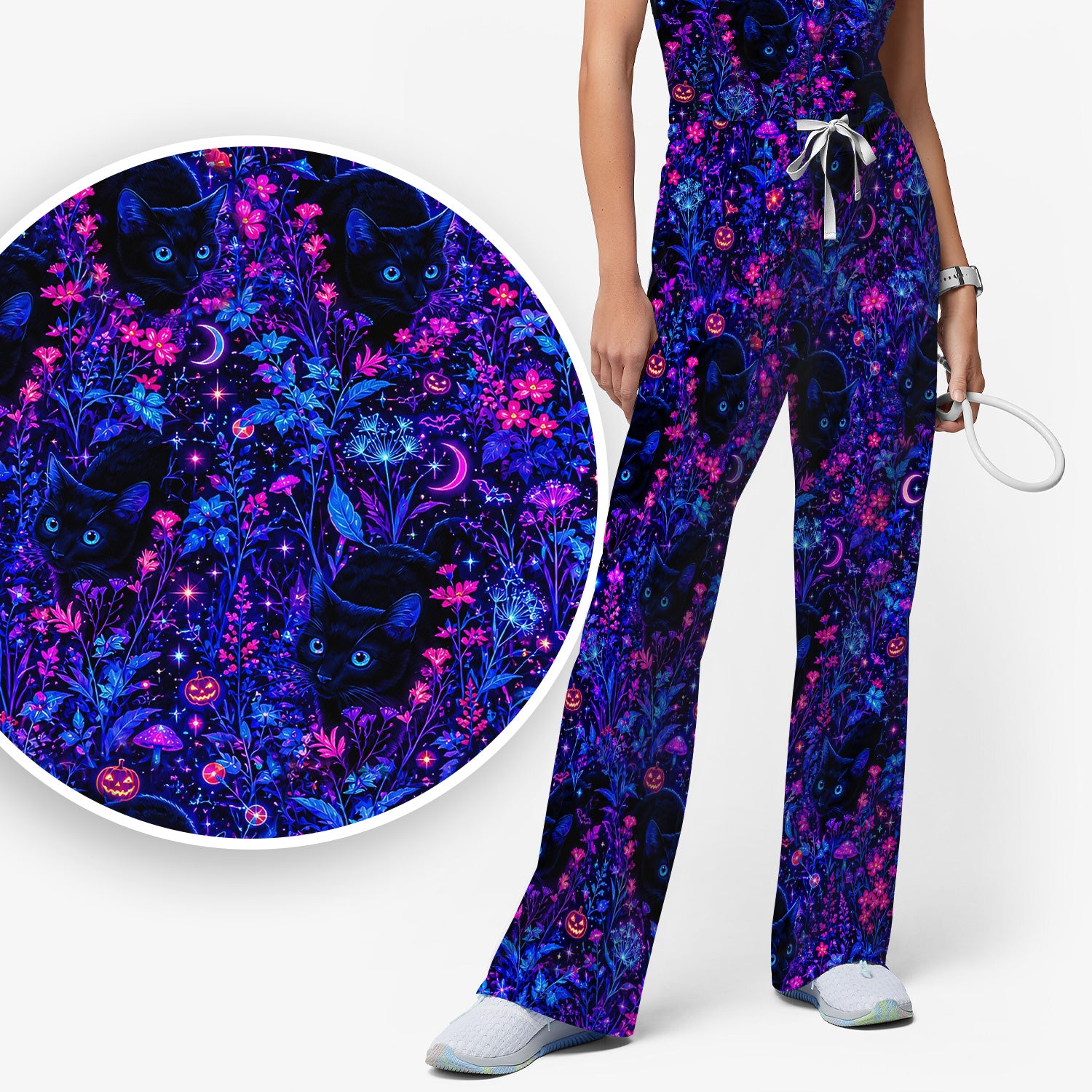 Spooky Black Cat Garden Pattern Scrub Set, Scrub Pants and V Neck Top
