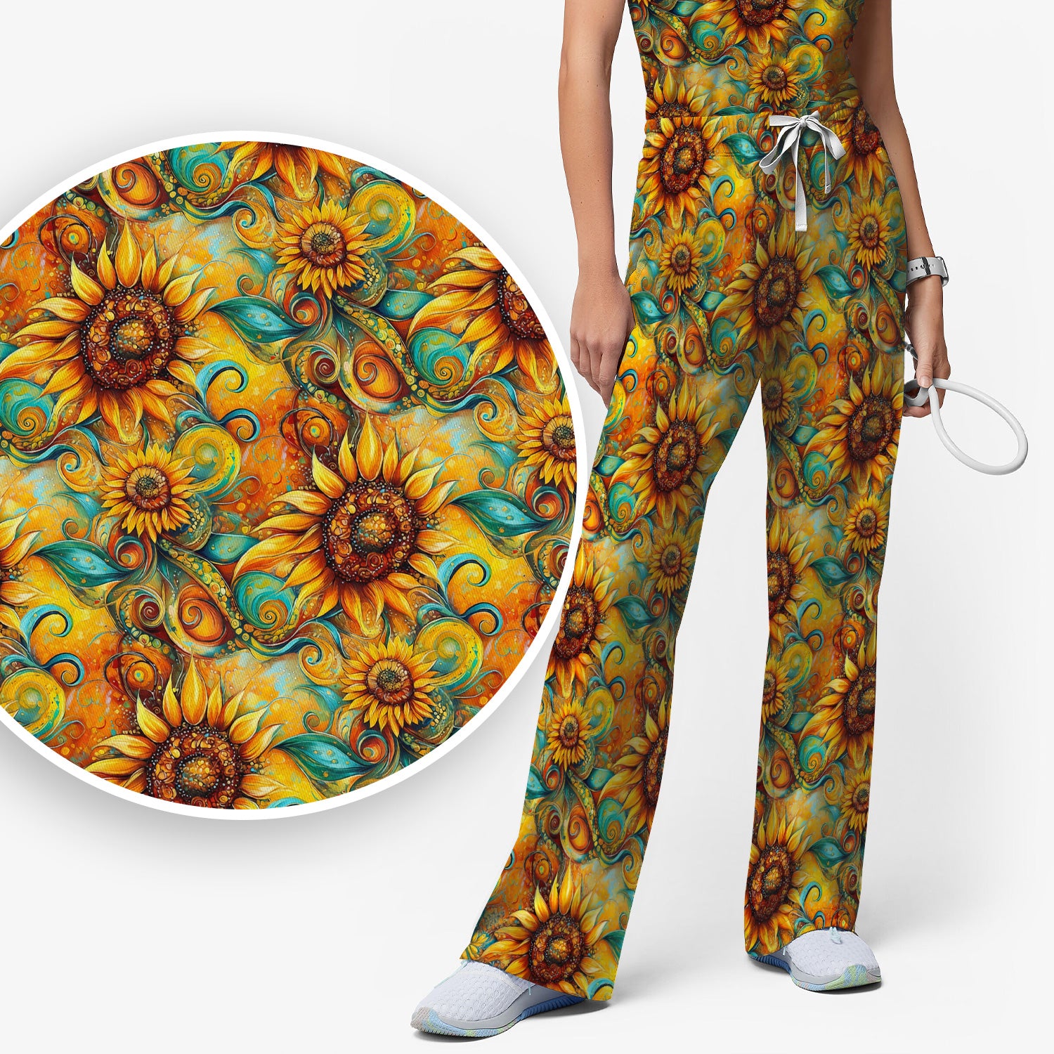Sunflower Swirl Floral Pattern Scrub Set, Scrub Pants and V Neck Top