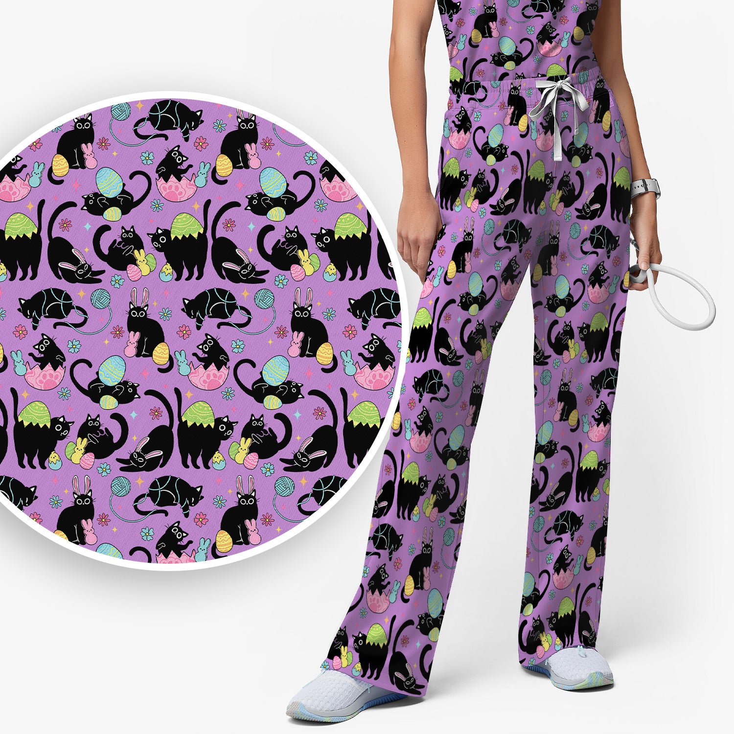Funny Easter Black Cat Egg Pattern Scrub Set, Scrub Pants and V Neck Top
