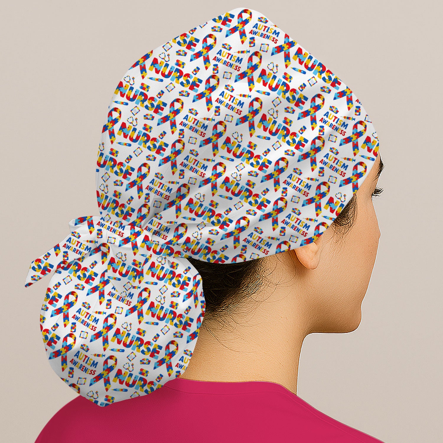Autism Awareness Nurse Puzzle Ribbon Print Caps,  Breathable Fabrics Caps Uniform