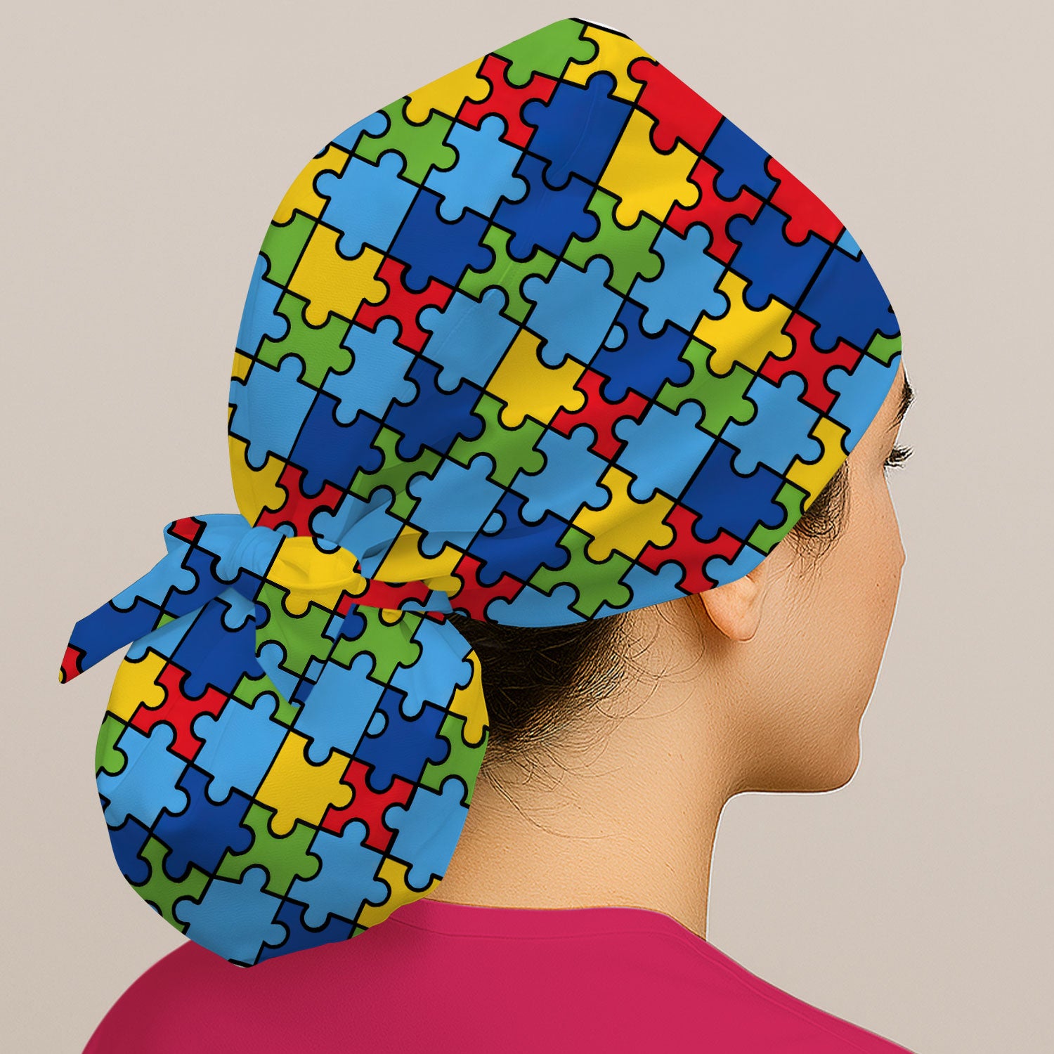 Autism Support Squad Puzzle Ribbon Print Caps, Bouffant Scrub Caps for Women