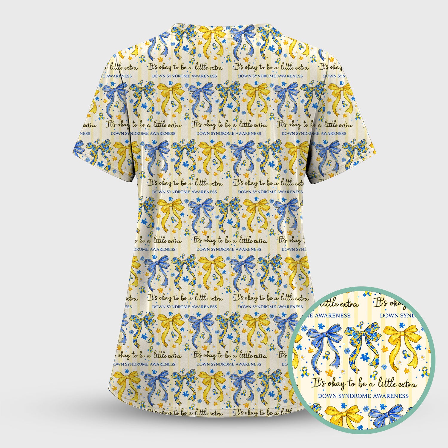 Down Syndrome Awareness Ribbon Pattern Scrub Top Comfortable Nurse Workwear Top