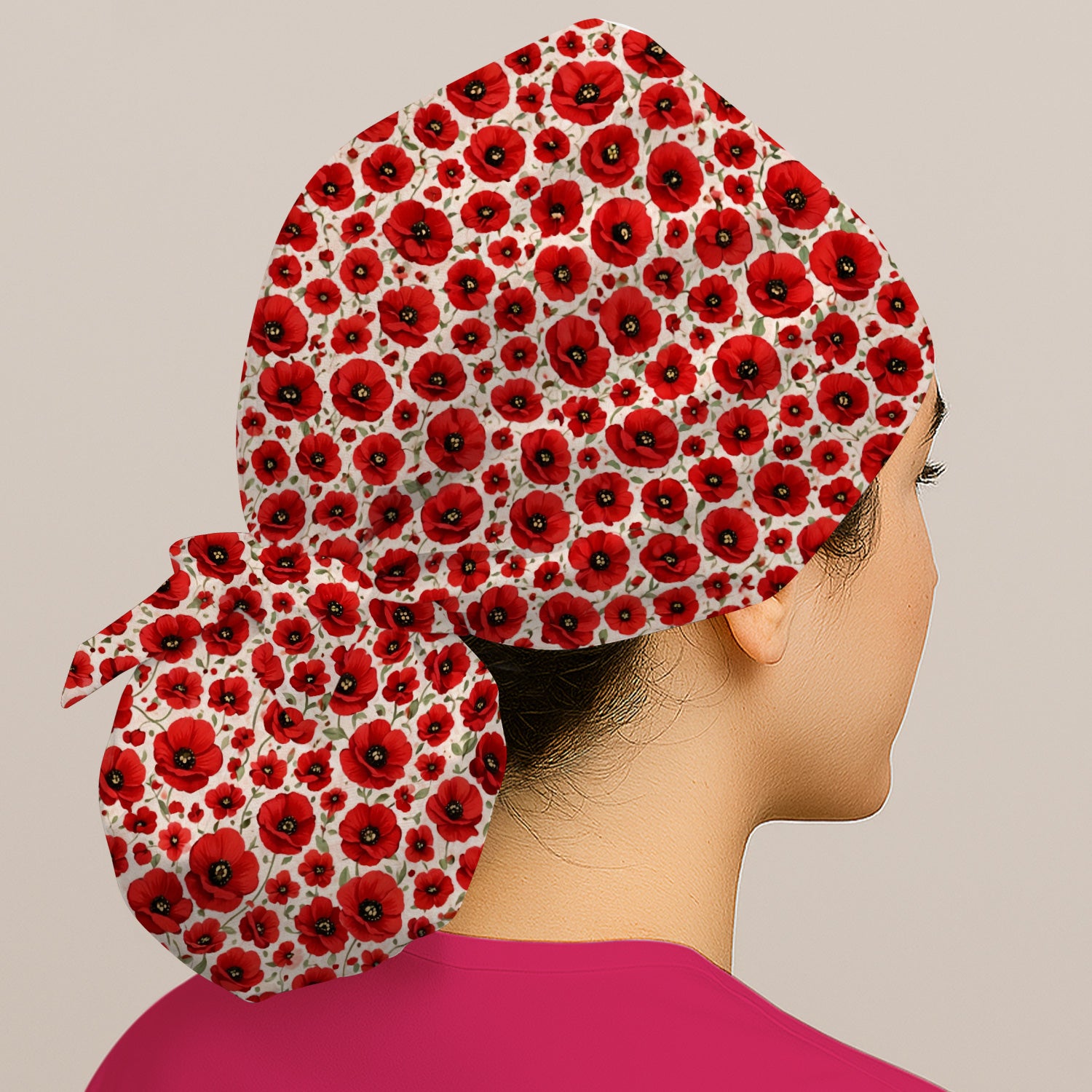 Pretty Red Poppy Flower Garden Pattern Nurse Scrub Cap, Surgical Caps for Doctors