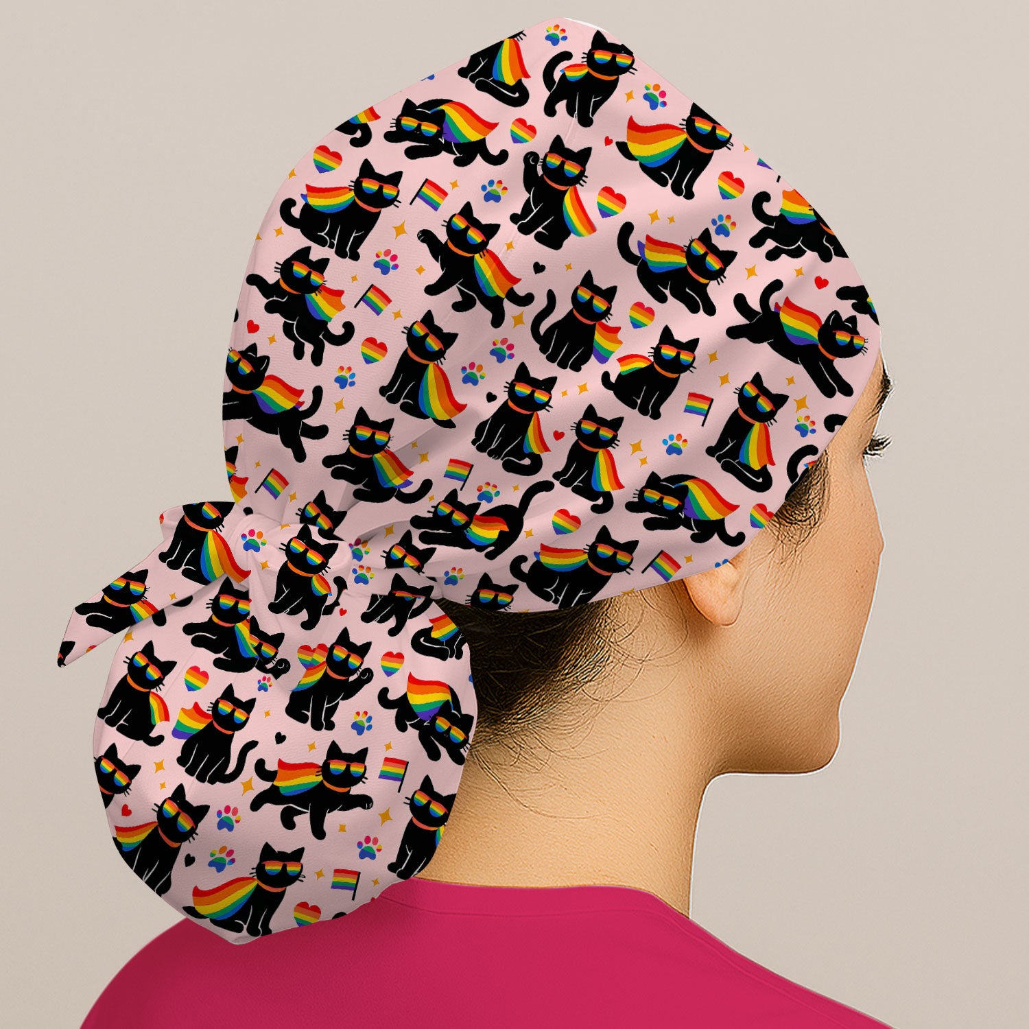 Rainbow Black Cat Pride Pattern Scrub Cap, Surgical Caps for Doctors