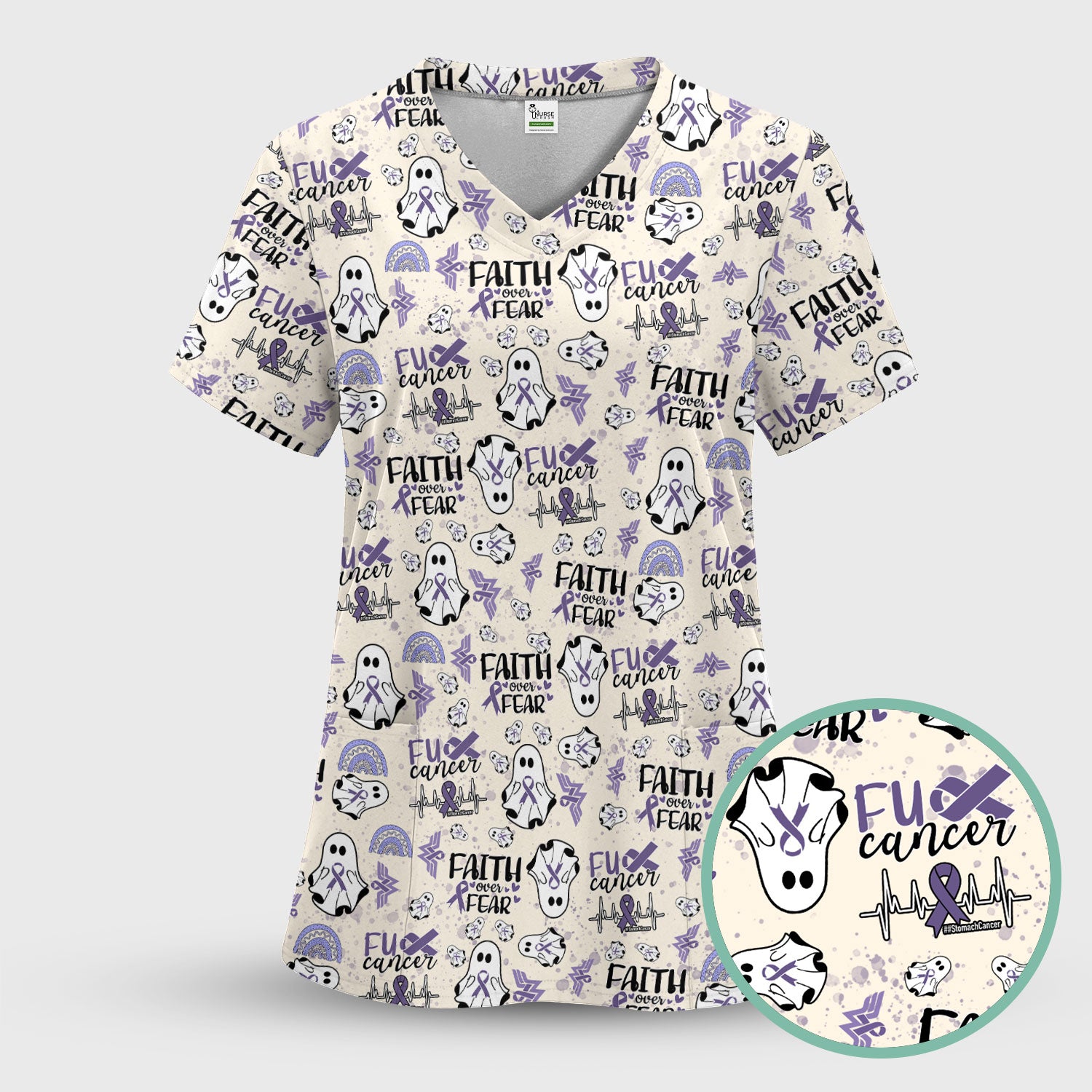 Periwinkle Ribbon Stomach Cancer Scrub Top - Awareness Nurse Shirt - November Warrior Survivor Medical Uniform Gift
