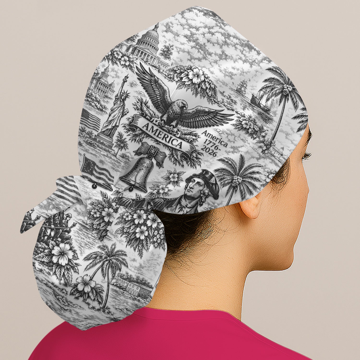 Patriotic America Heritage Toile Pattern Cap, Bouffant Scrub Caps for Women