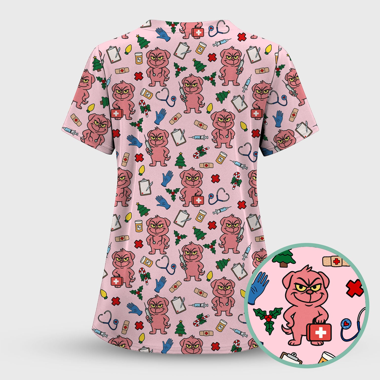 Christmas Scrub Set for Nurses - Funny Pink Dog Pattern - Holiday Nurse Scrubs with Tree, Bandage and Stethoscope Print