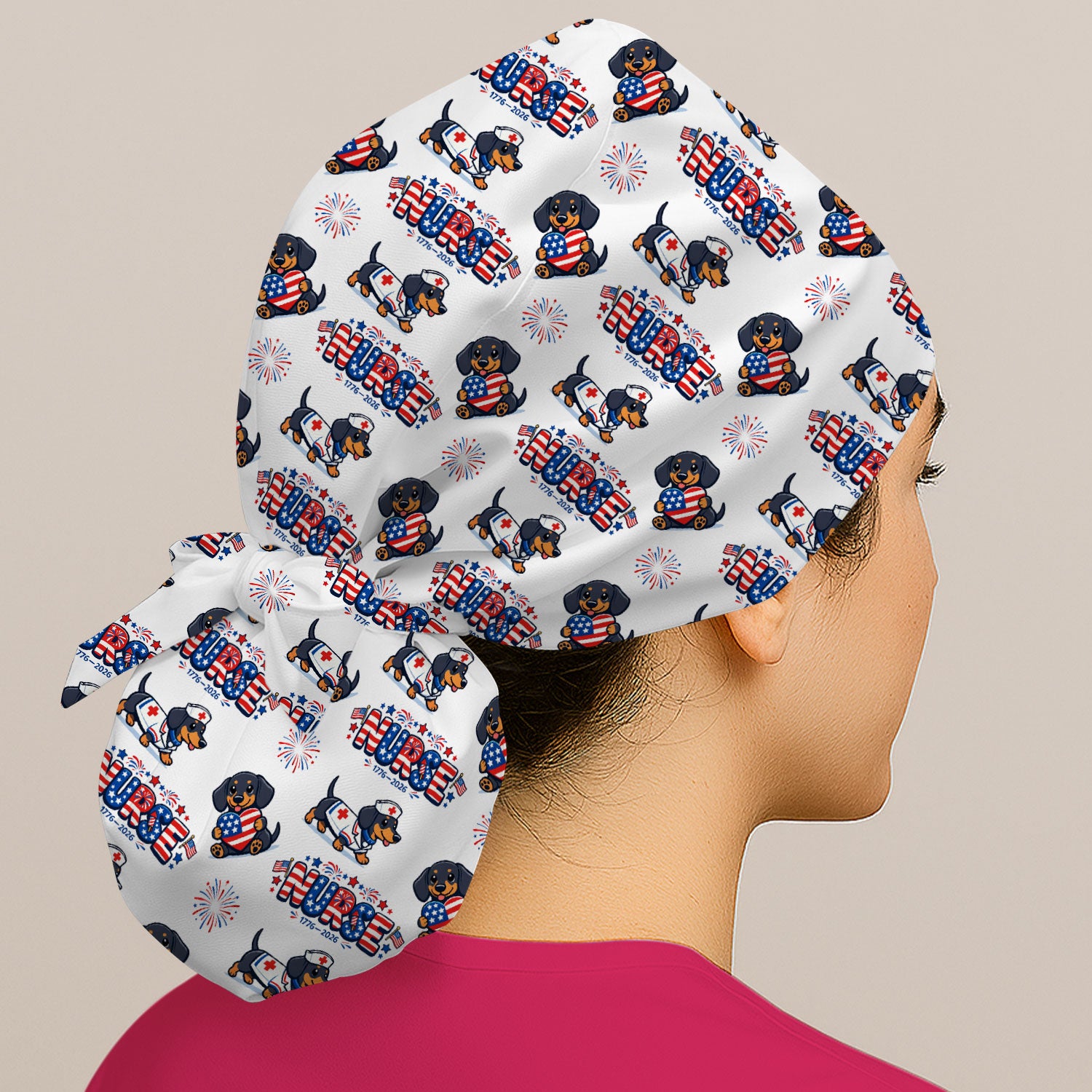 Proud Nurse Patriotic Dachshund Medical Firework Pattern Cap, Bouffant Scrub Caps for Women