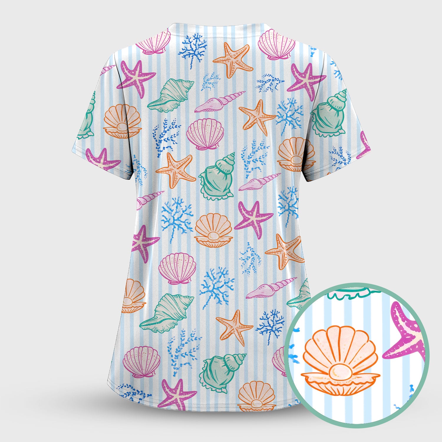 Colorful Seashell Starfish Ocean Stripe Pattern Scrub Top, Breathable Fabrics Nursing Uniform