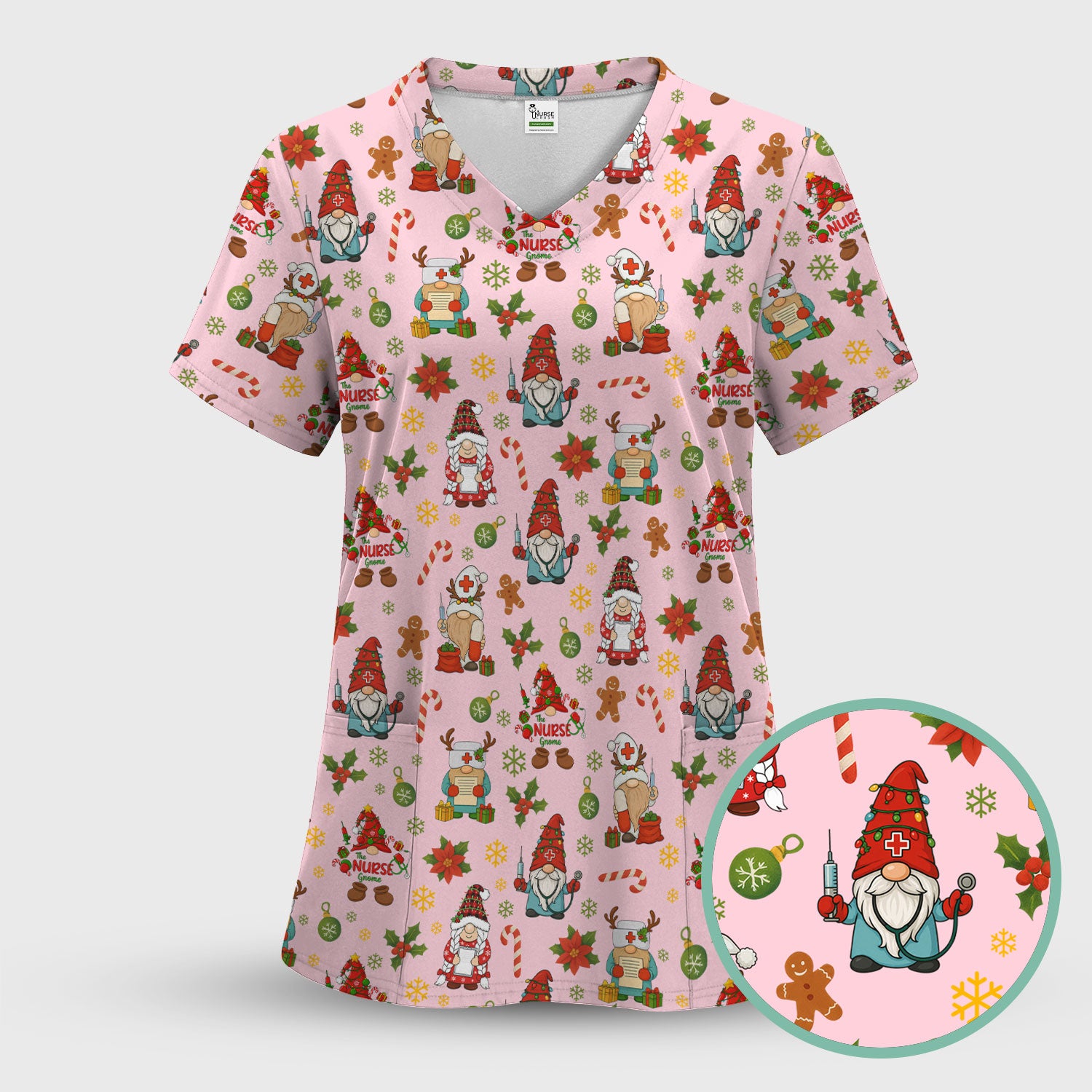 Funny Christmas Scrub Shirt - Gnome Santa Print Scrubs for Nurses - Holiday Medical Scrub Top Gift for Women, Men, CNA, RN, Doctor, Medical Staff
