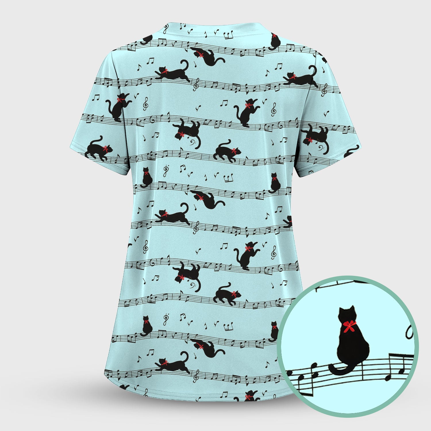 Cute Dancing Black Cat Music Staff Pattern Scrub Top, Comfortable Scrubs for Nurses
