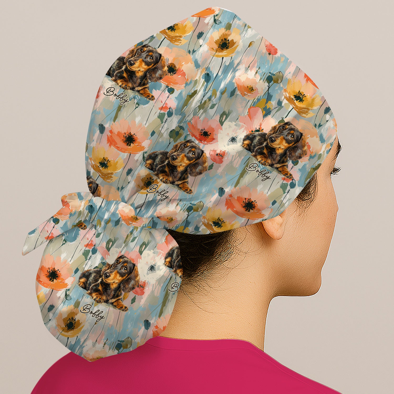 Personalized Dachshund Floral Portrait Pattern Scrub Cap, Surgical Caps for Doctors