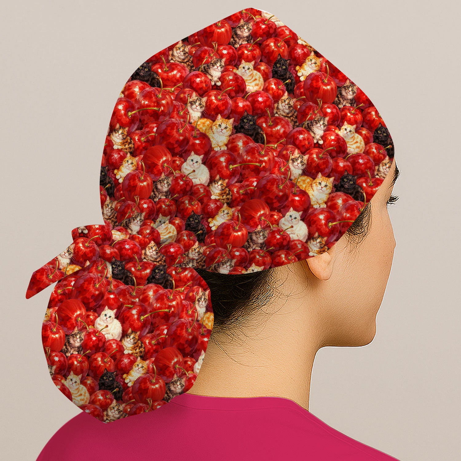 Cute Cat Cherry Pattern Scrub Cap, Surgical Caps for Doctors