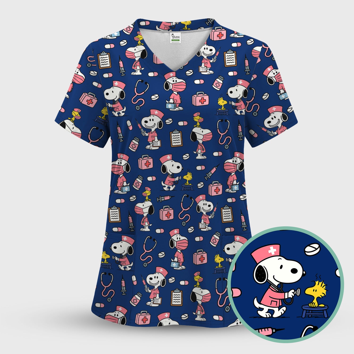 Snoopy Nurse Scrub Top for Women - Custom Medical Scrub Shirt Multi Colors - Cute Cartoon Nursing Work Shirt with Pockets