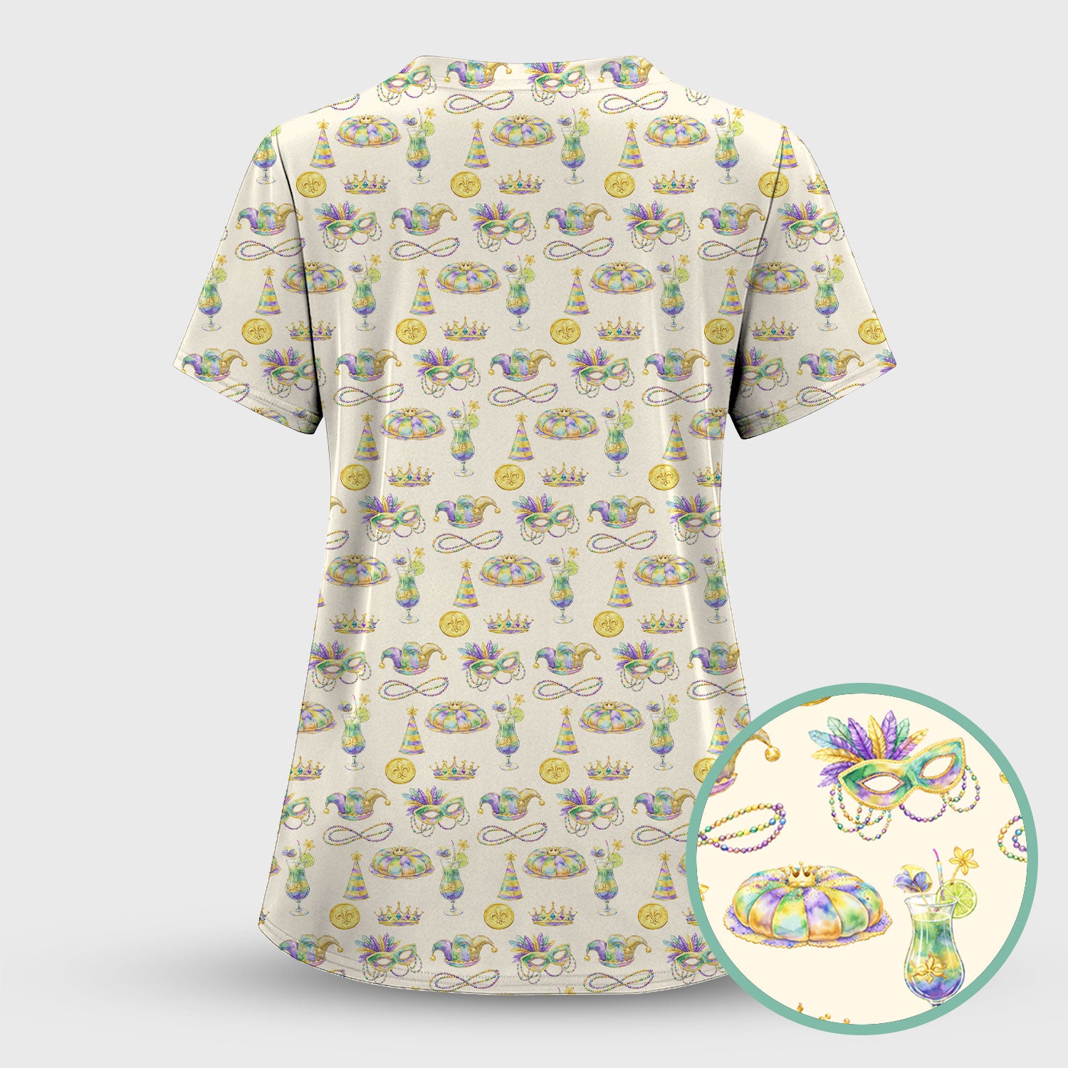 Mardi Gras Mask Scrub Top, Elegant Carnival Pattern Nurse Shirt For Women, Breathable Fabrics Nursing Uniform