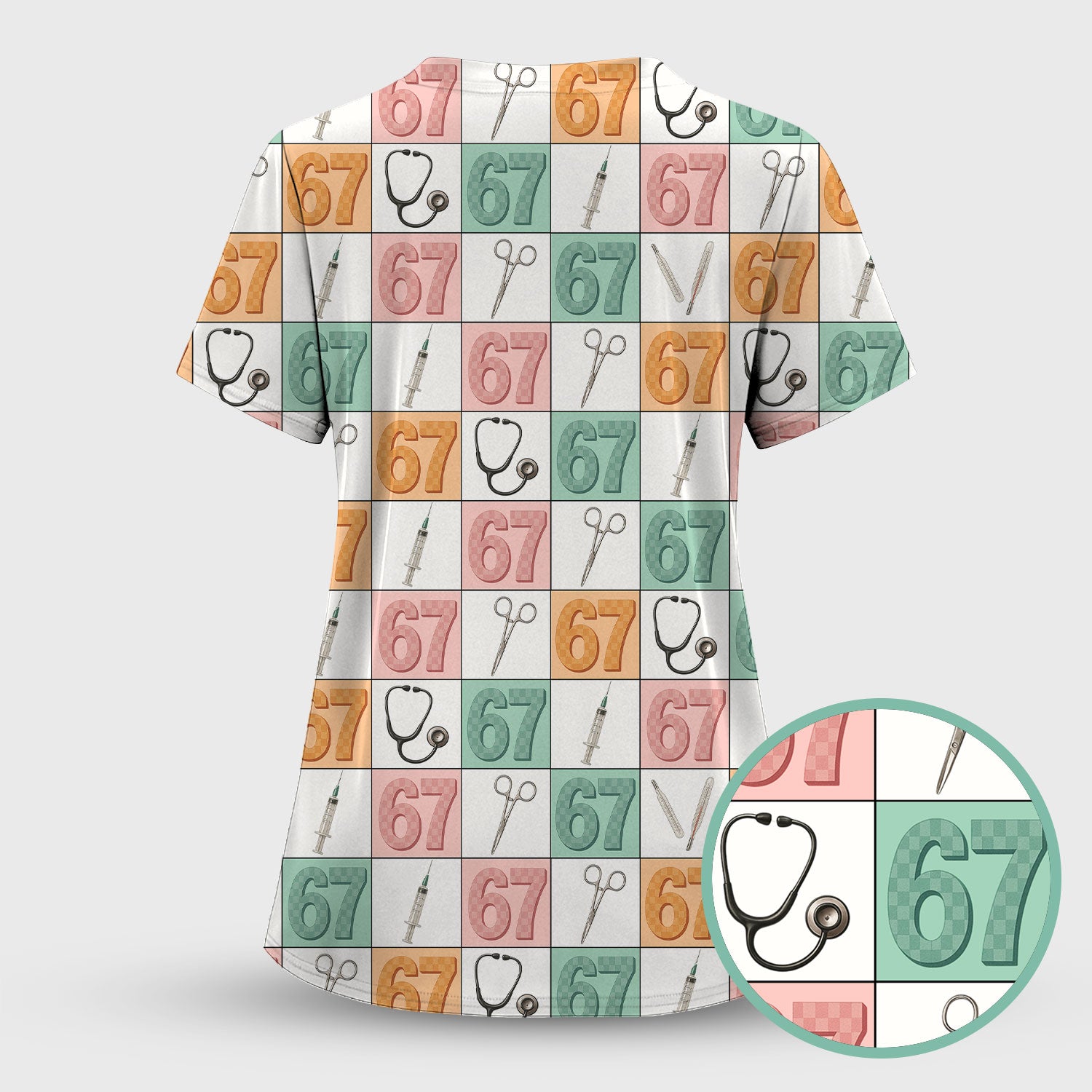 67 Nurse Patchwork Scrub Top, Colorful Medical Tools Pattern Uniform Shirt For Nursing