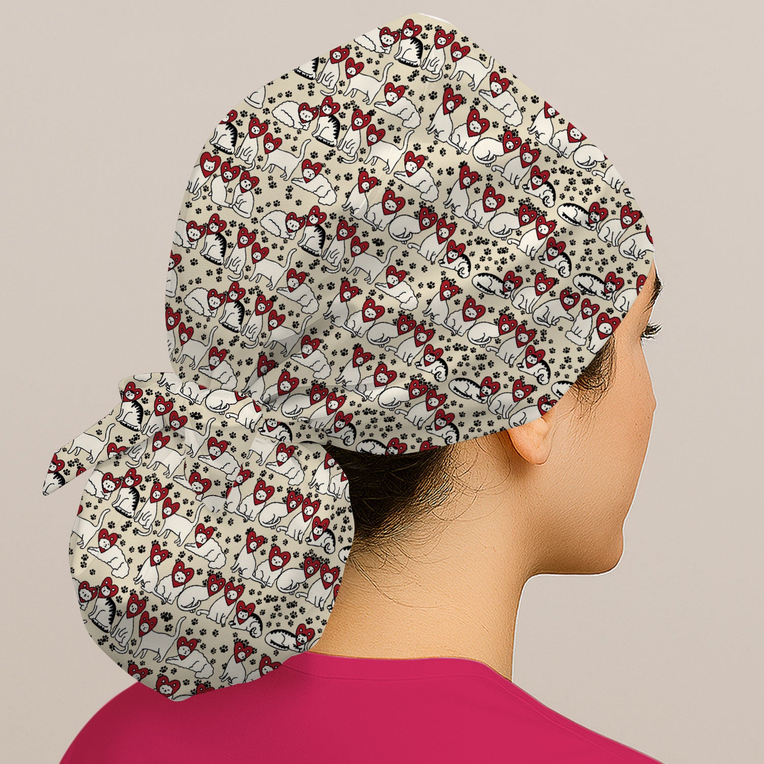 Cute Cat Heart Pattern Scrub Cap, Funny Cat Scrub Hat For Nurses, Breathable Fabrics Nursing Uniform