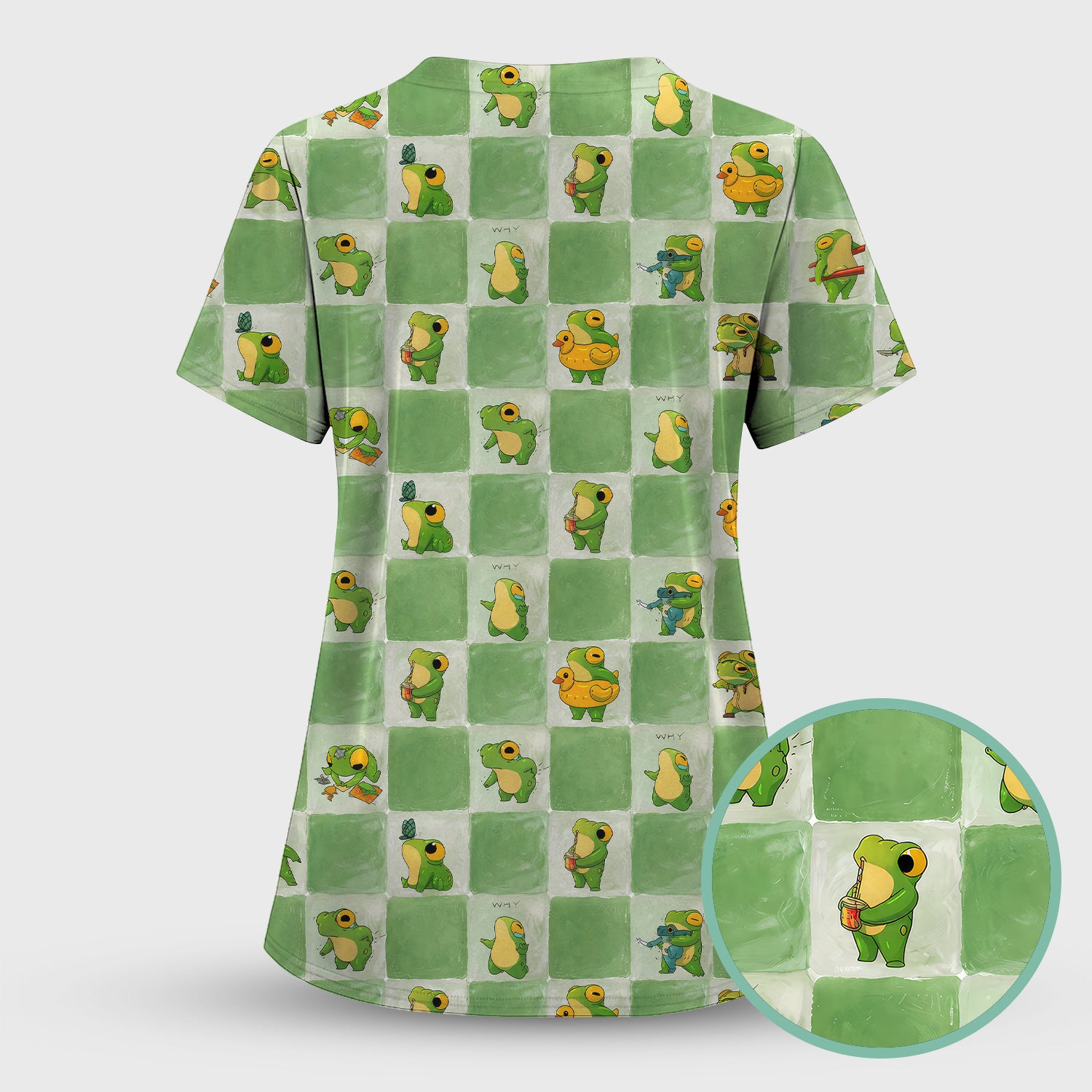 Cute Frog Duck Checkerboard Pattern Scrub Top, Breathable Fabrics Nursing Uniform