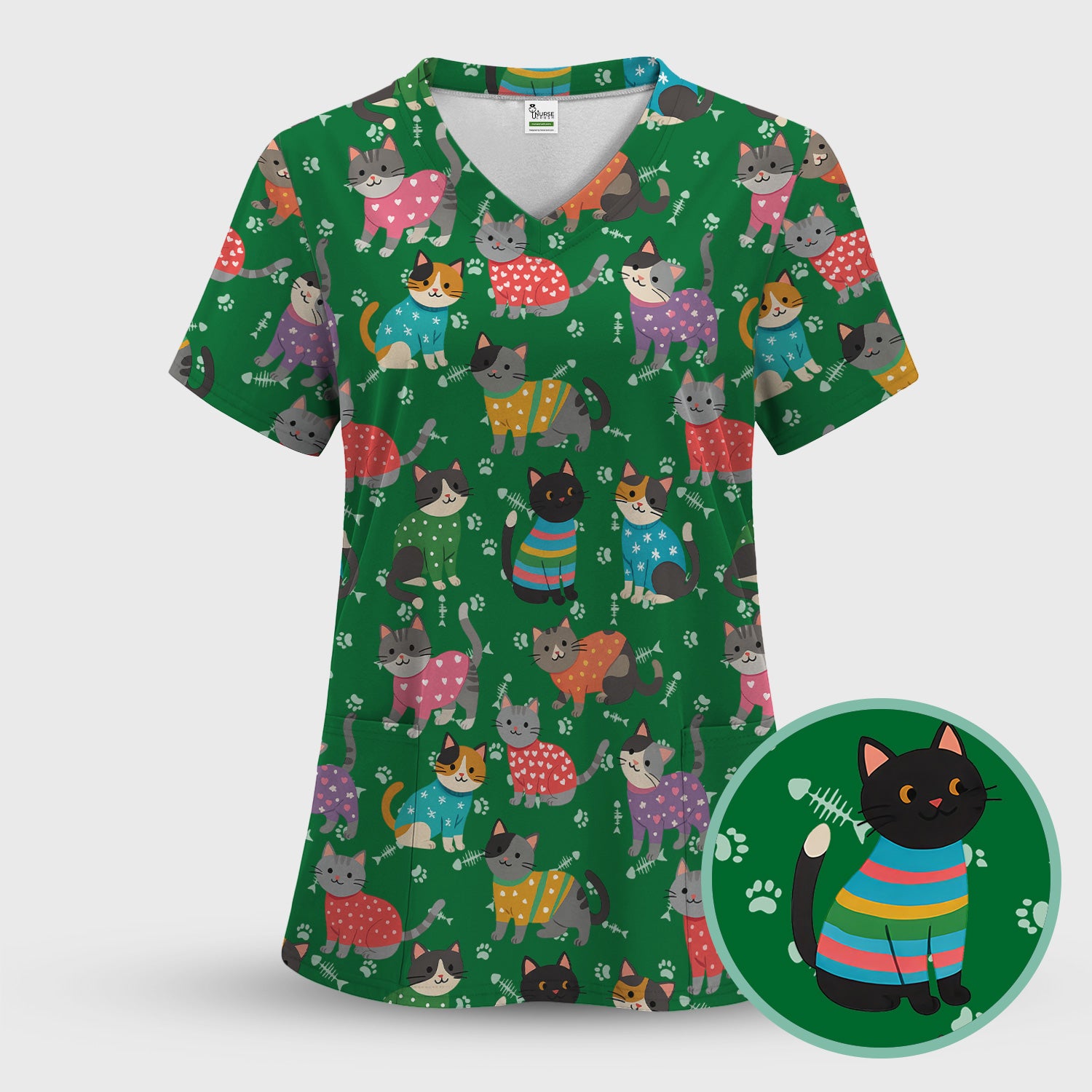 Cute Cat Nurse Scrub Top Multi Color - Funny Kitty Print Scrub Shirt for Women - Colorful Nursing Work Shirt with Pockets