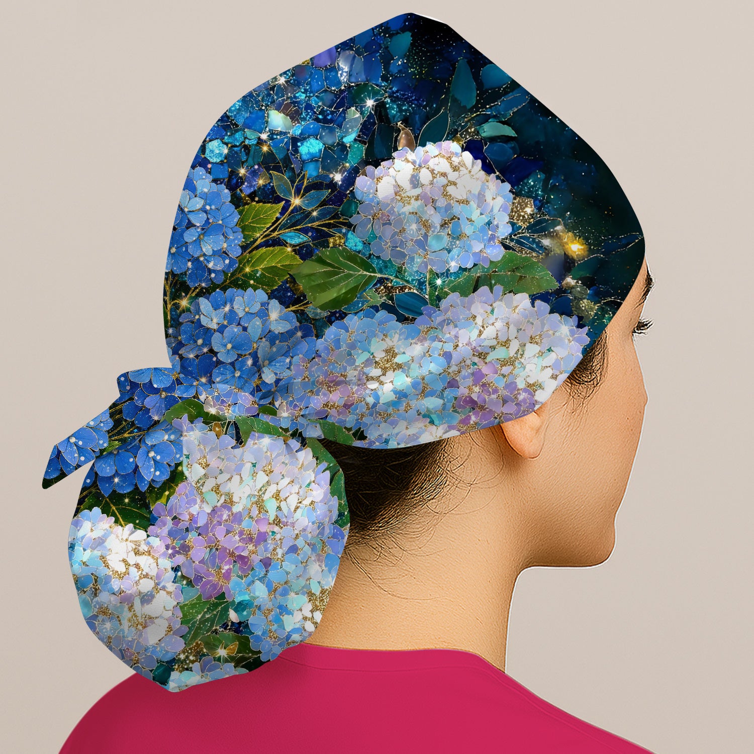 Blue Hydrangea Floral Pattern Scrub Cap, Surgical Caps for Doctors