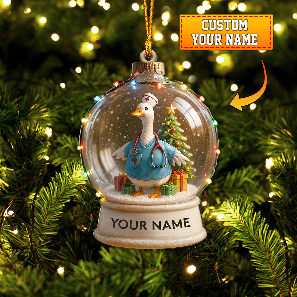 Custom Name Nurse Duck Snow Globe Ornament, Nursing Christmas Gift For RN, Personalized Holiday Decor
