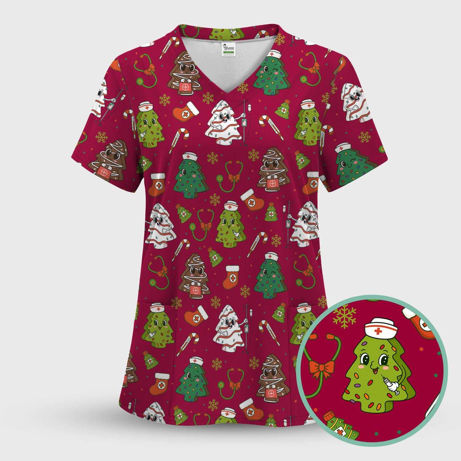 Funny Christmas Nurse Scrub Top - Adorable Tree Pattern Holiday Shirt - Cute Gift for Women RN LPN CNA