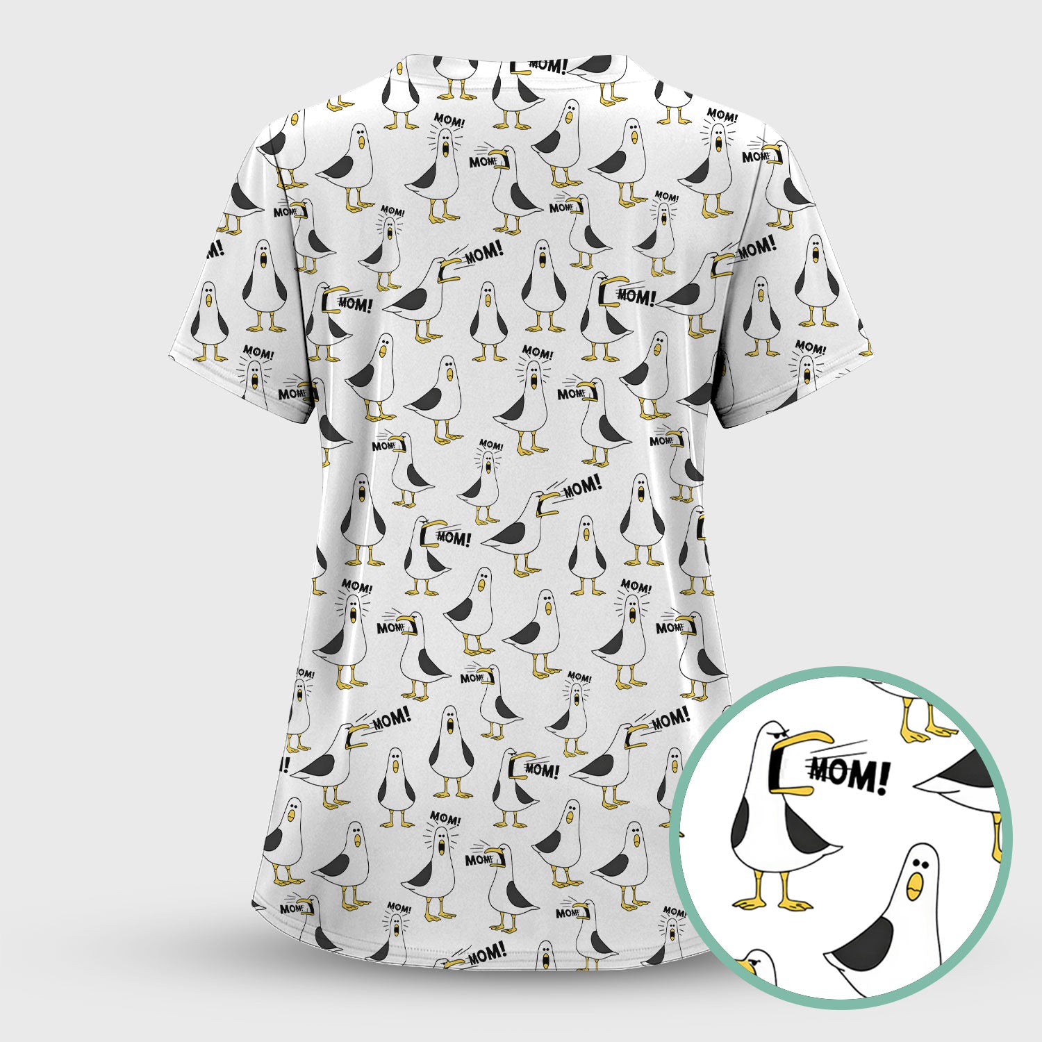 Funny Seagull Mom Seamless Pattern Scrub Set, Scrub Pants and V Neck Top
