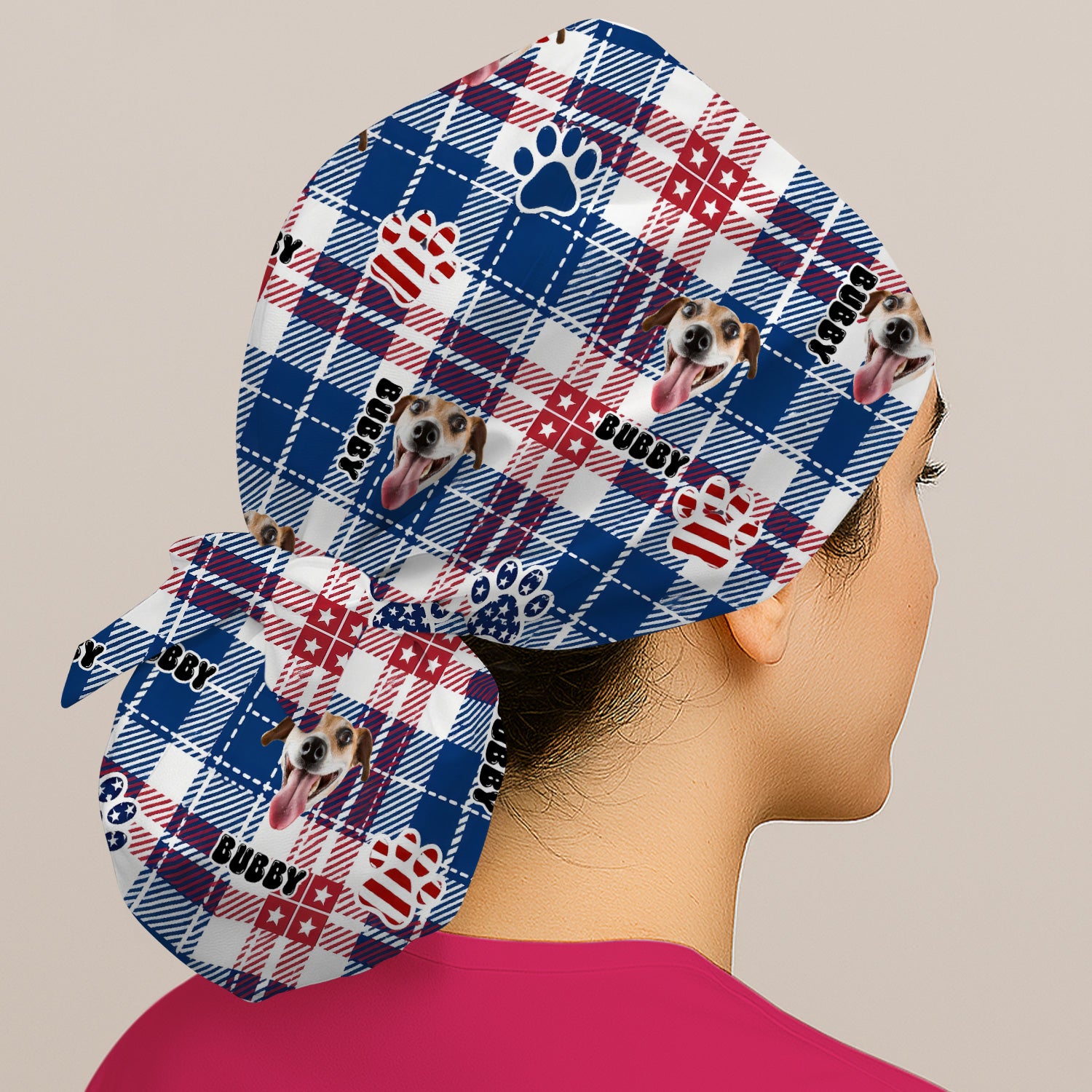 Custom Dog Face Scrub Cap, Patriotic Dog Plaid Pattern Shirt, Surgical Caps for Doctors