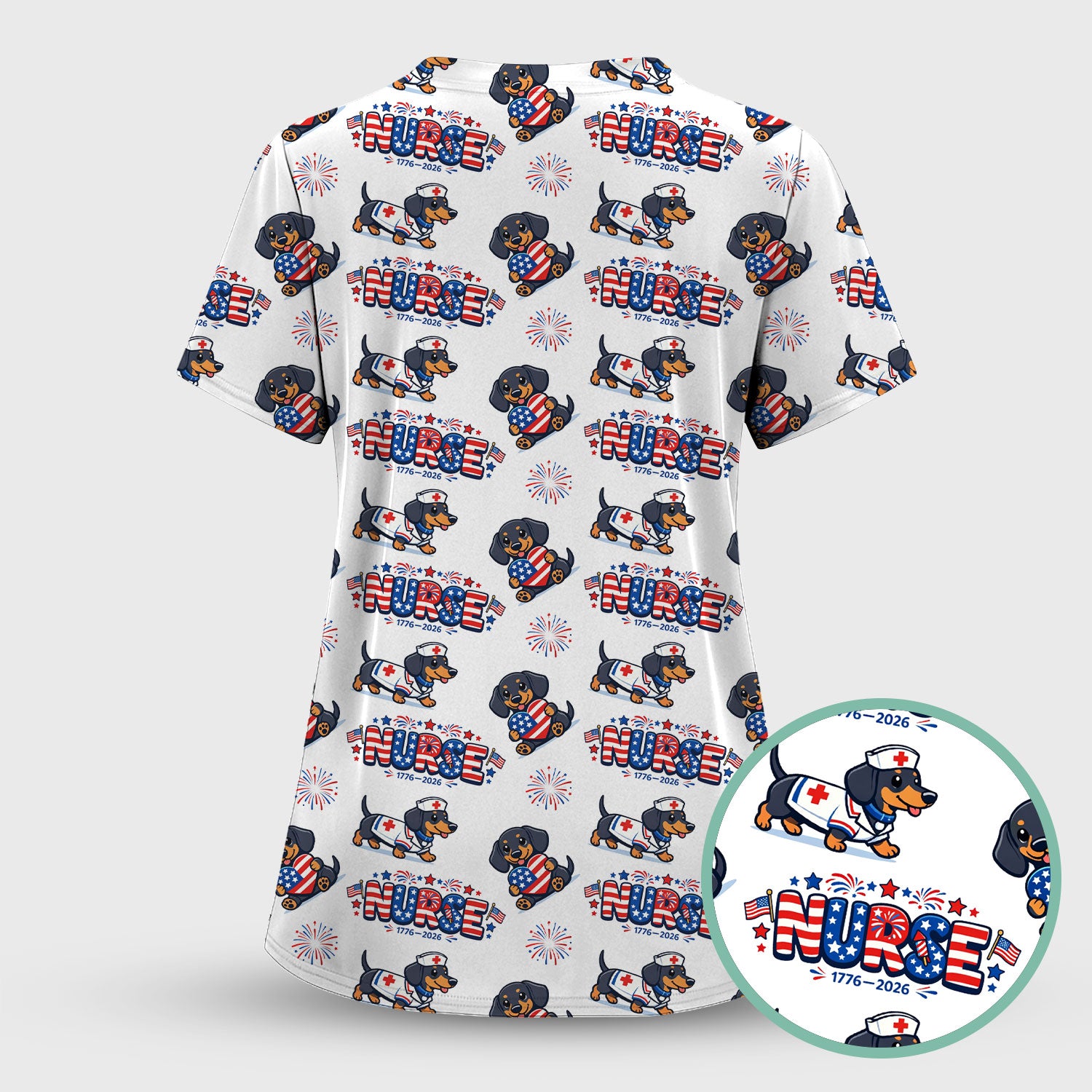 Proud Nurse Patriotic Dachshund Medical Firework Pattern Scrub Set, Nurse Uniform Scrubs Set