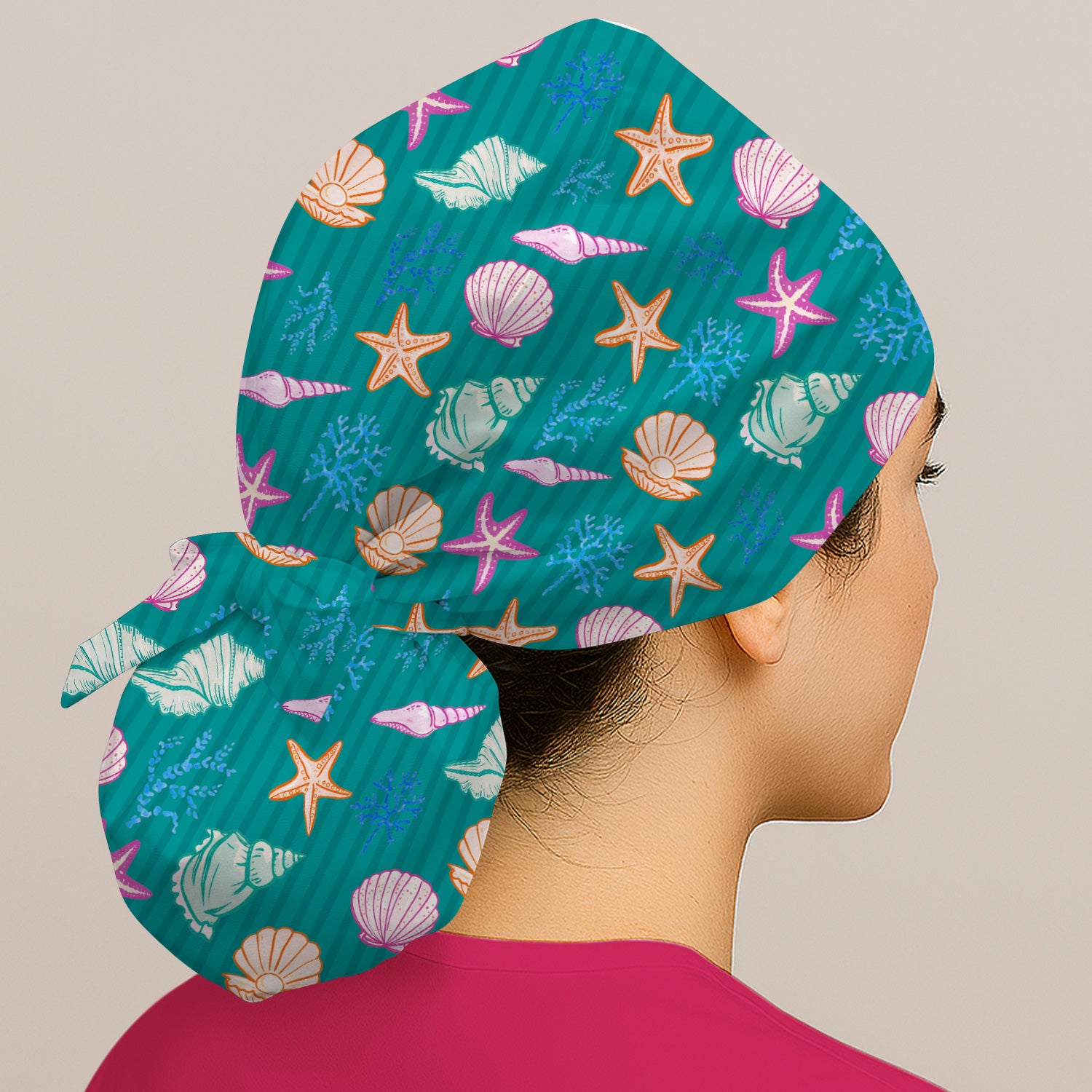 Colorful Seashell Starfish Ocean Stripe Pattern Cap, Bouffant Scrub Caps for Women