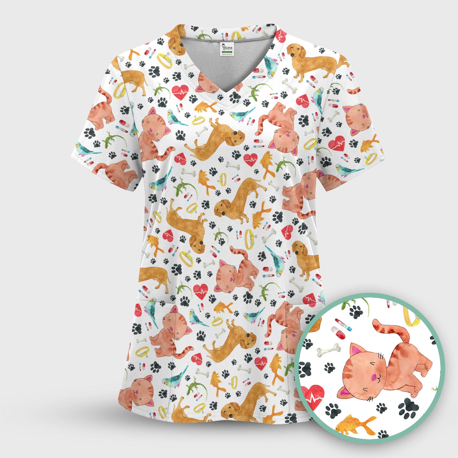 Cute Cat Dog Scrub Top - Animal Lover Medical Uniform - Funny Veterinary Nurse Shirt for Women RN CNA LPN