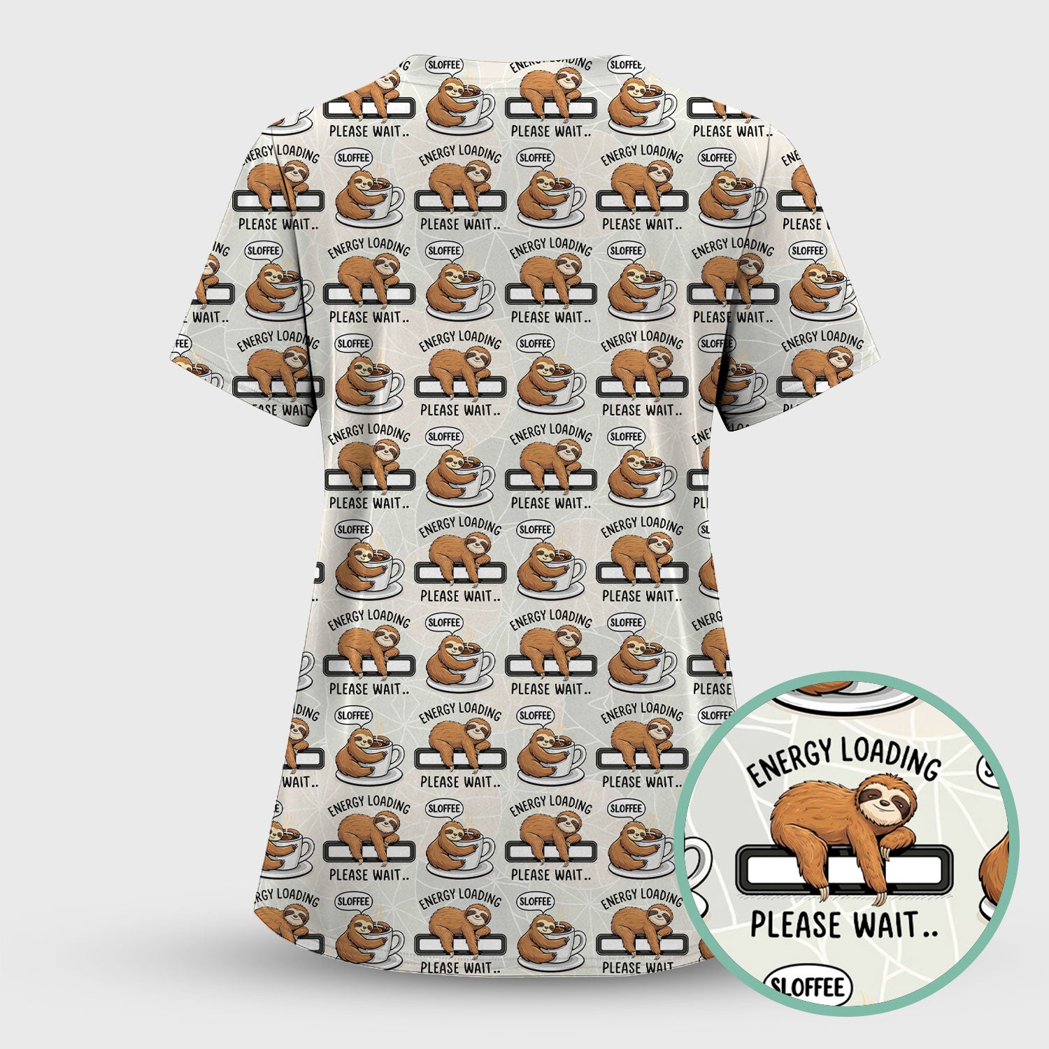 Funny Sloth Coffee Energy Loading Pattern Scrubs Sets, Scrub Pants and V Neck Top