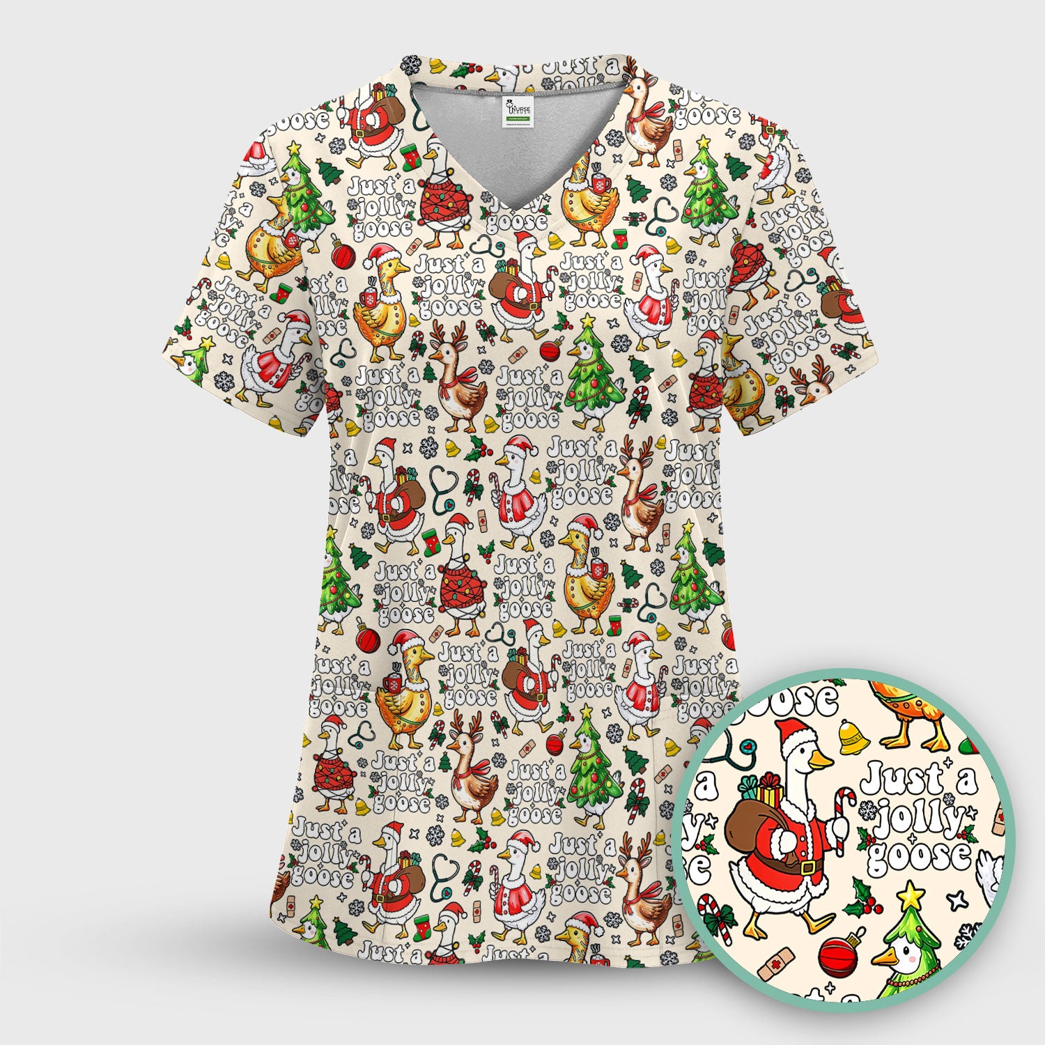 Christmas Goose Scrub Top for Nurse - Funny Jolly Holiday Medical Shirt for Women