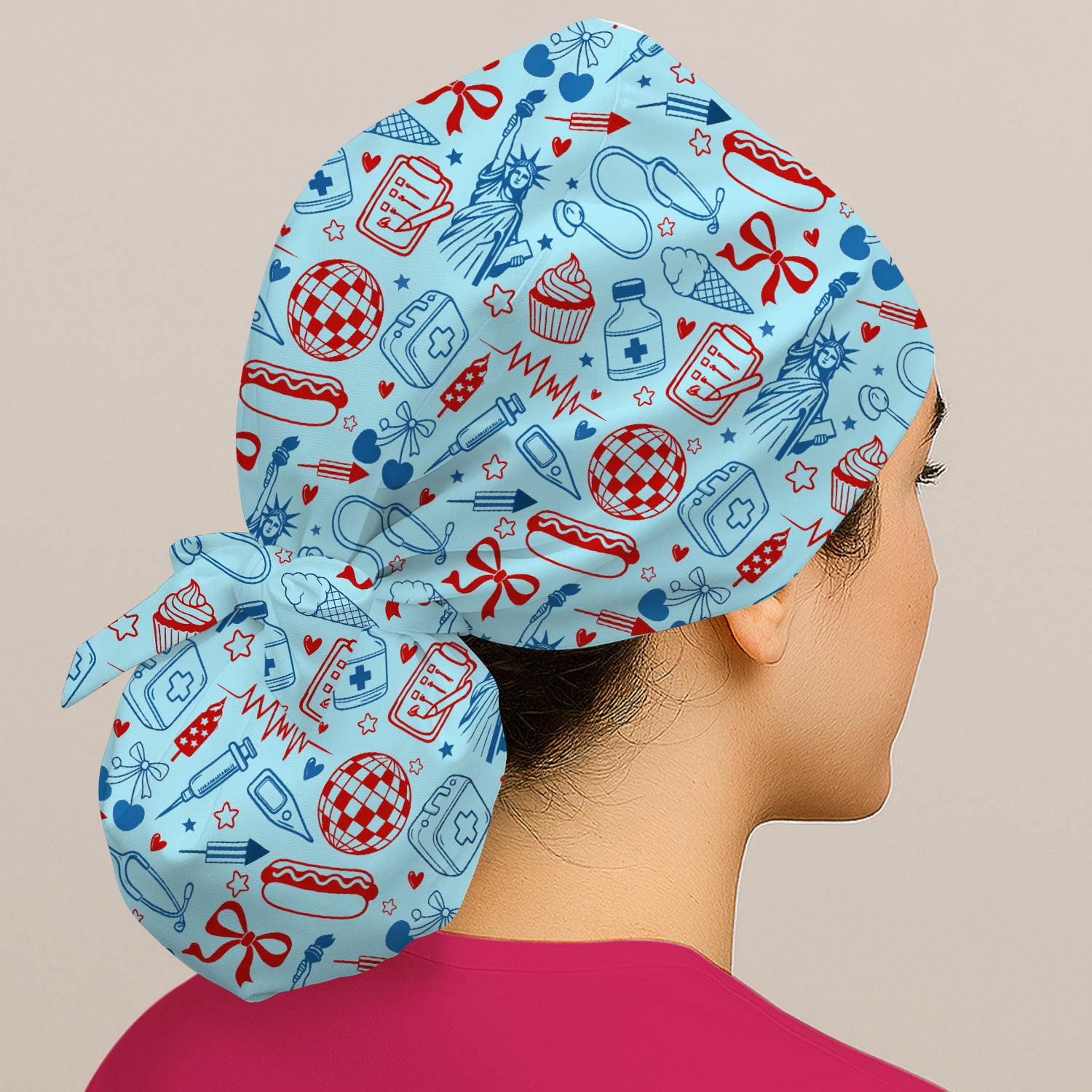 Patriotic Nurse Medical Icons Pattern Print Cap, Bouffant Scrub Caps for Women