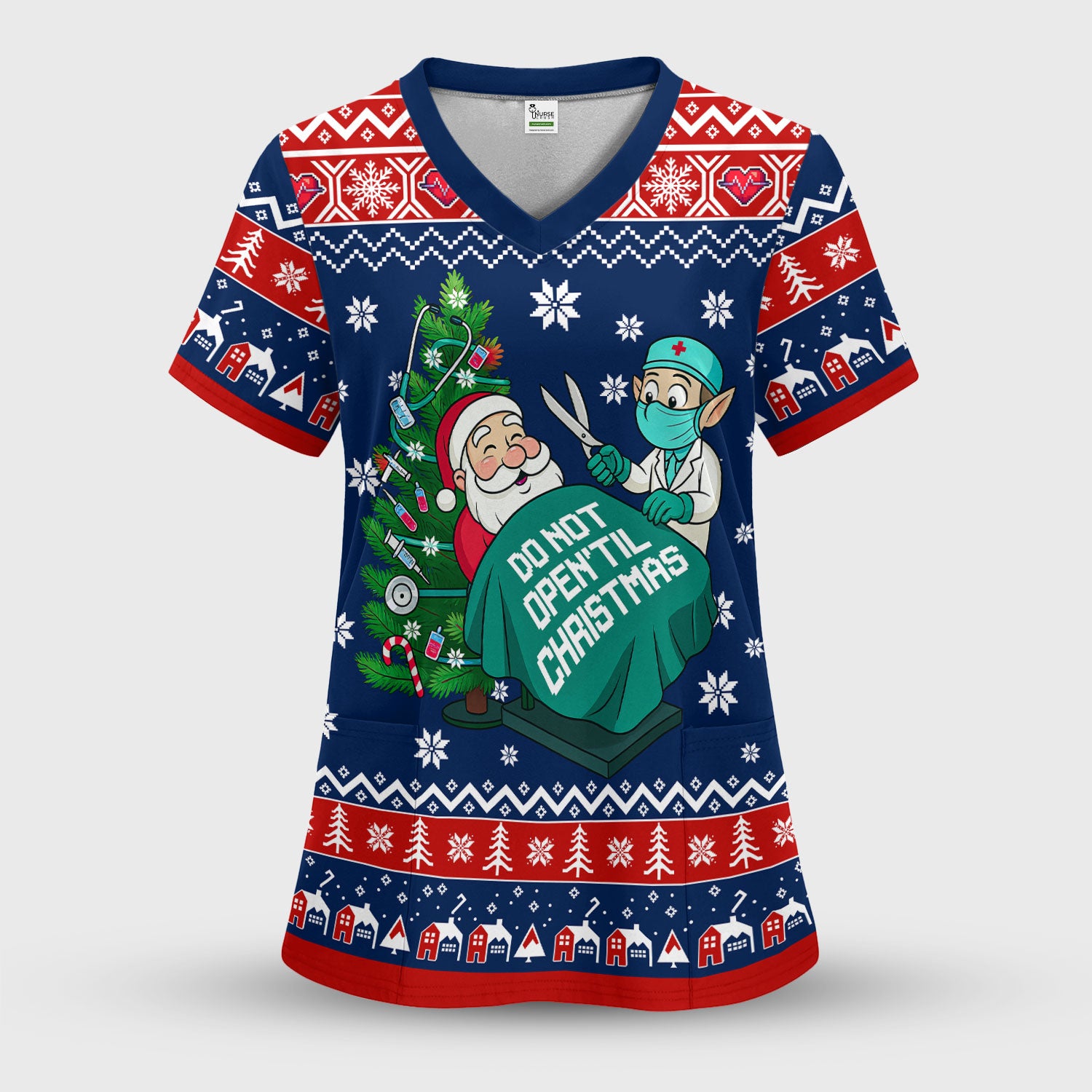 Funny Scrub Top for Women - Do Not Open Til Christmas Santa and Elf - Holiday Medical Uniform Gift for RN LPN CNA