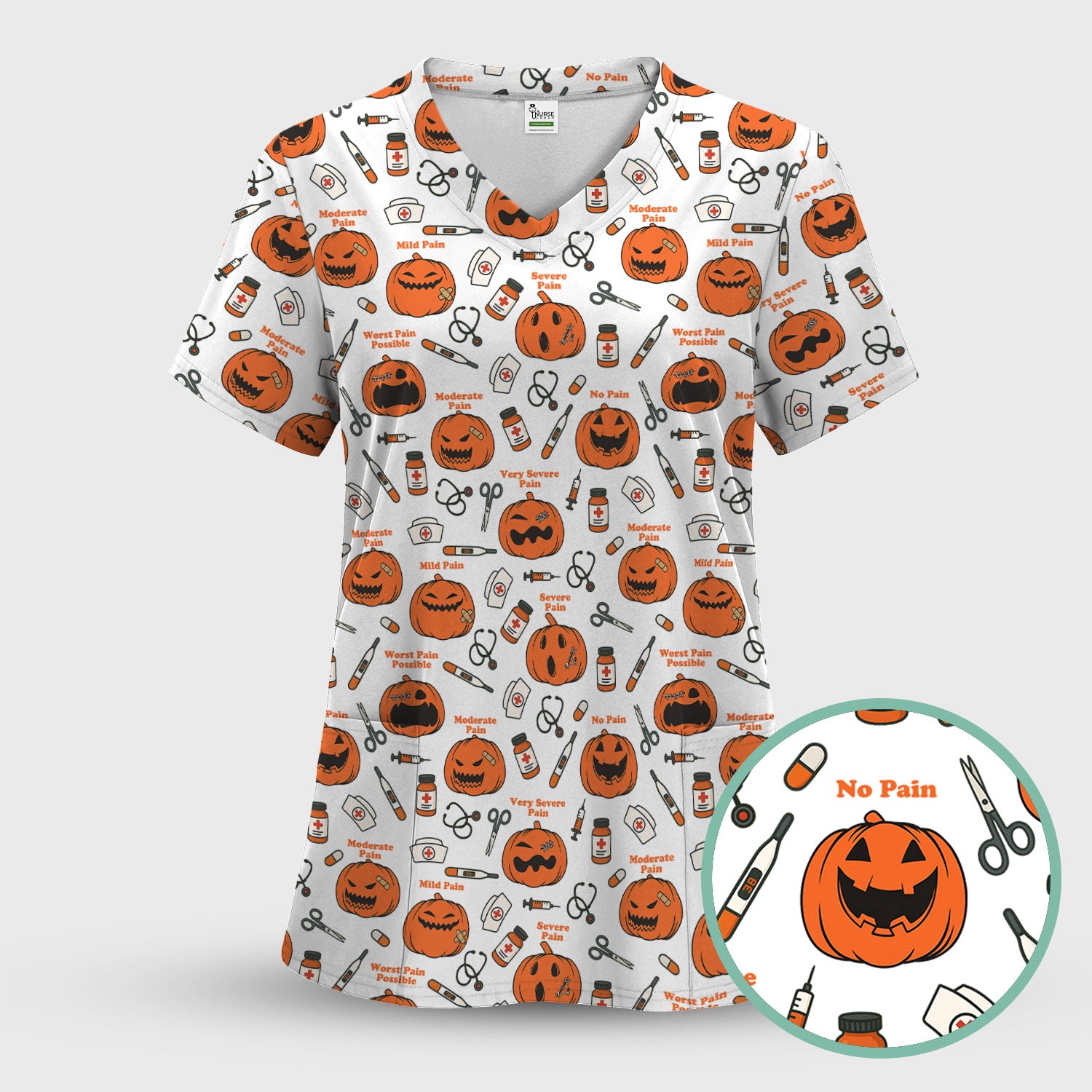 Halloween Nurse Scrub Top - Pumpkin Pain Scale Medical Shirt - Spooky Gift for RN LPN CNA