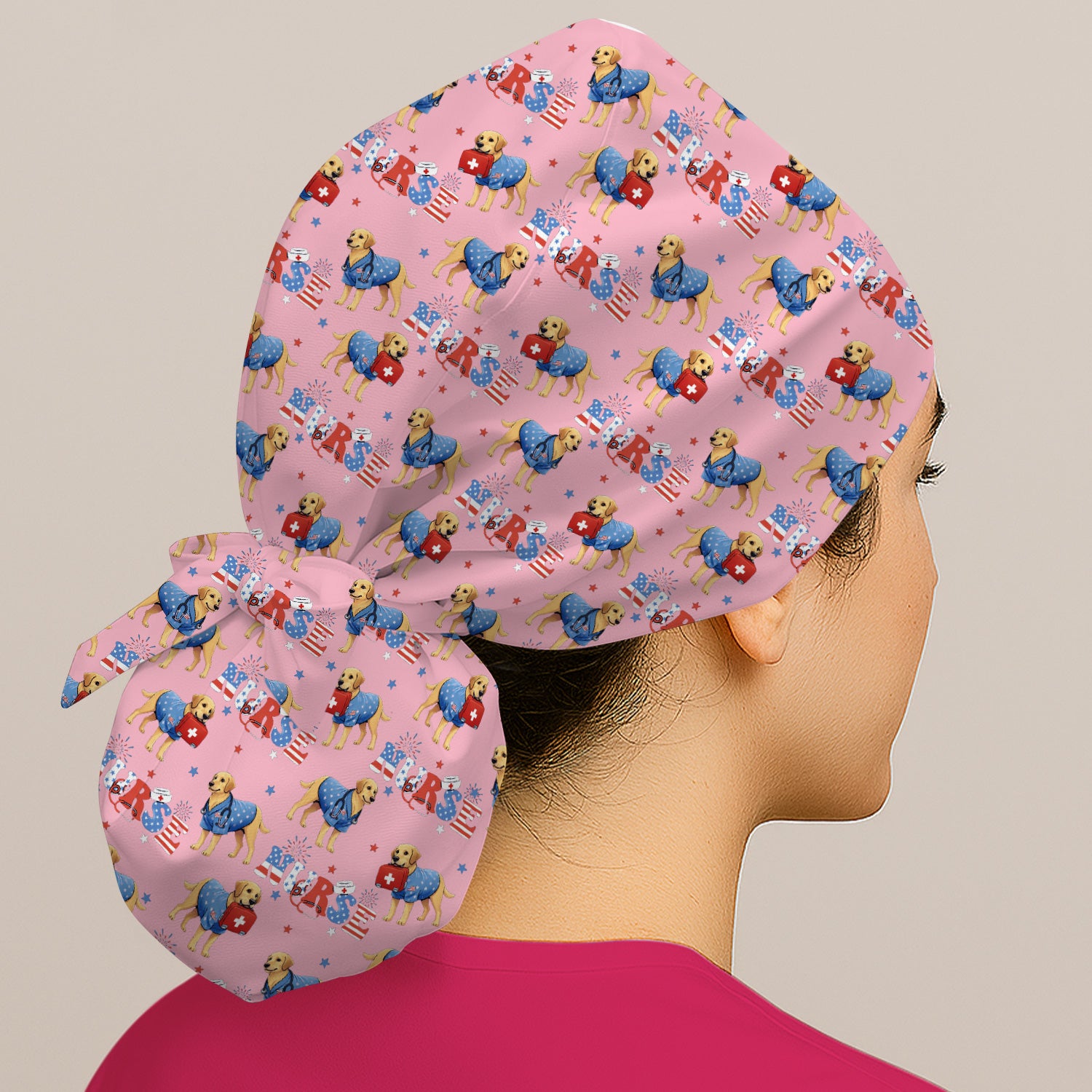 Patriotic Nurse Dog Medical Pattern Cap, Bouffant Scrub Caps for Women