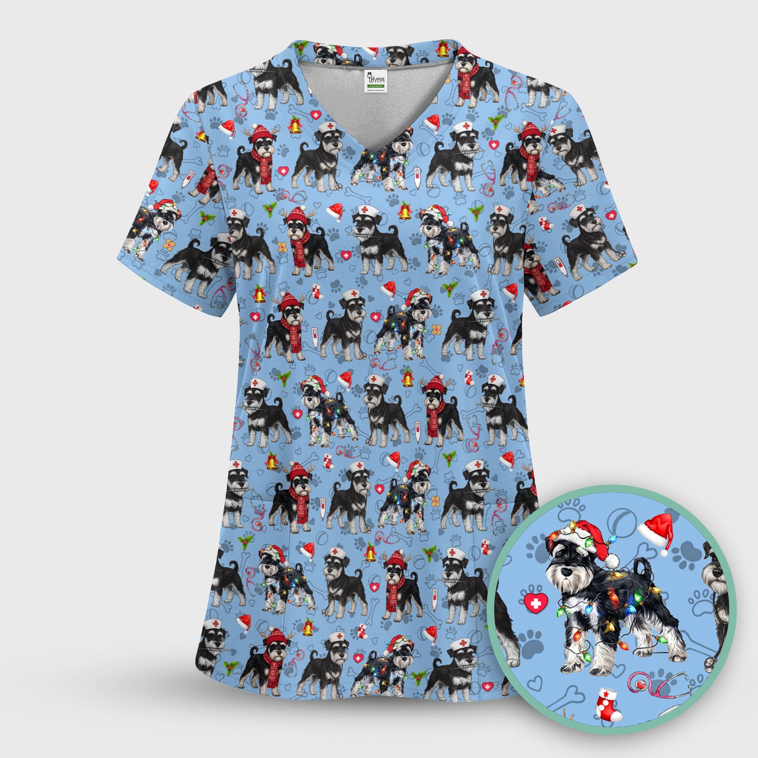 Christmas Schnauzer Scrubs for Nurses - Cute Dog Holiday Scrub Top - Funny Santa Nursing Medical Shirt for Women