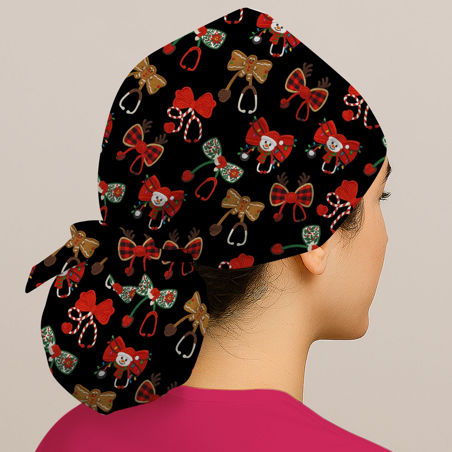 Christmas Stethoscope Bow Nurse Scrub Cap, Xmas Pattern Scrub Hat, Holiday Nursing Uniform