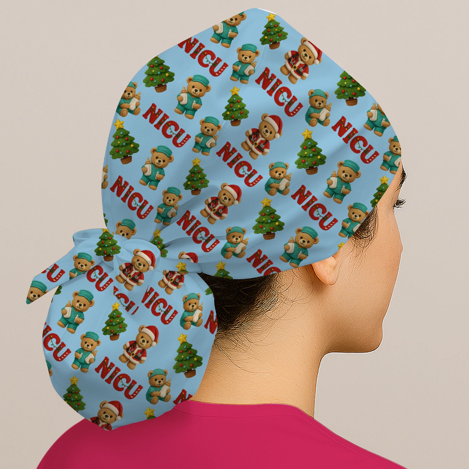 Festive Christmas NICU Nurse Teddy Bear Pattern Print Cap, Bouffant Scrub Caps for Women