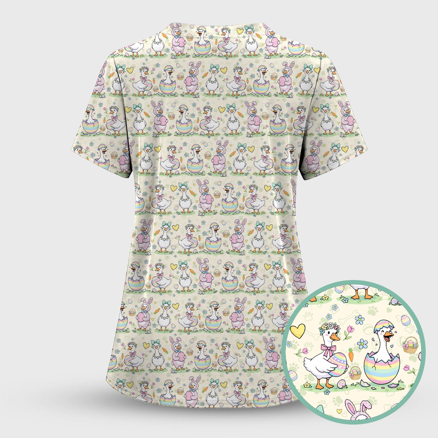 Pastel Easter Goose Bunny Egg Pattern Scrub Top, Comfortable Scrubs for Nurses