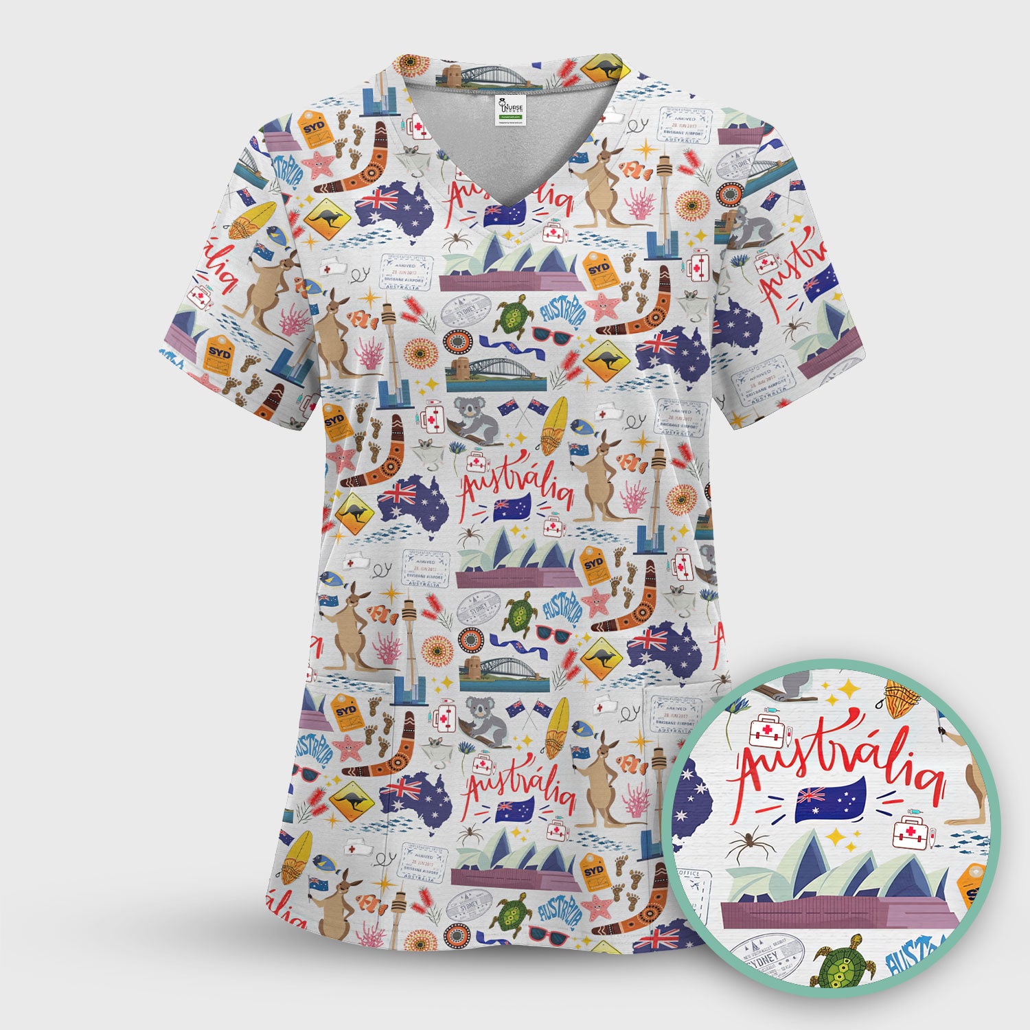 Australia Scrub Top for Women - Aussie Icons with Kangaroo Koala Opera House - Travel Medical Uniform Gift for LPN RN CNA