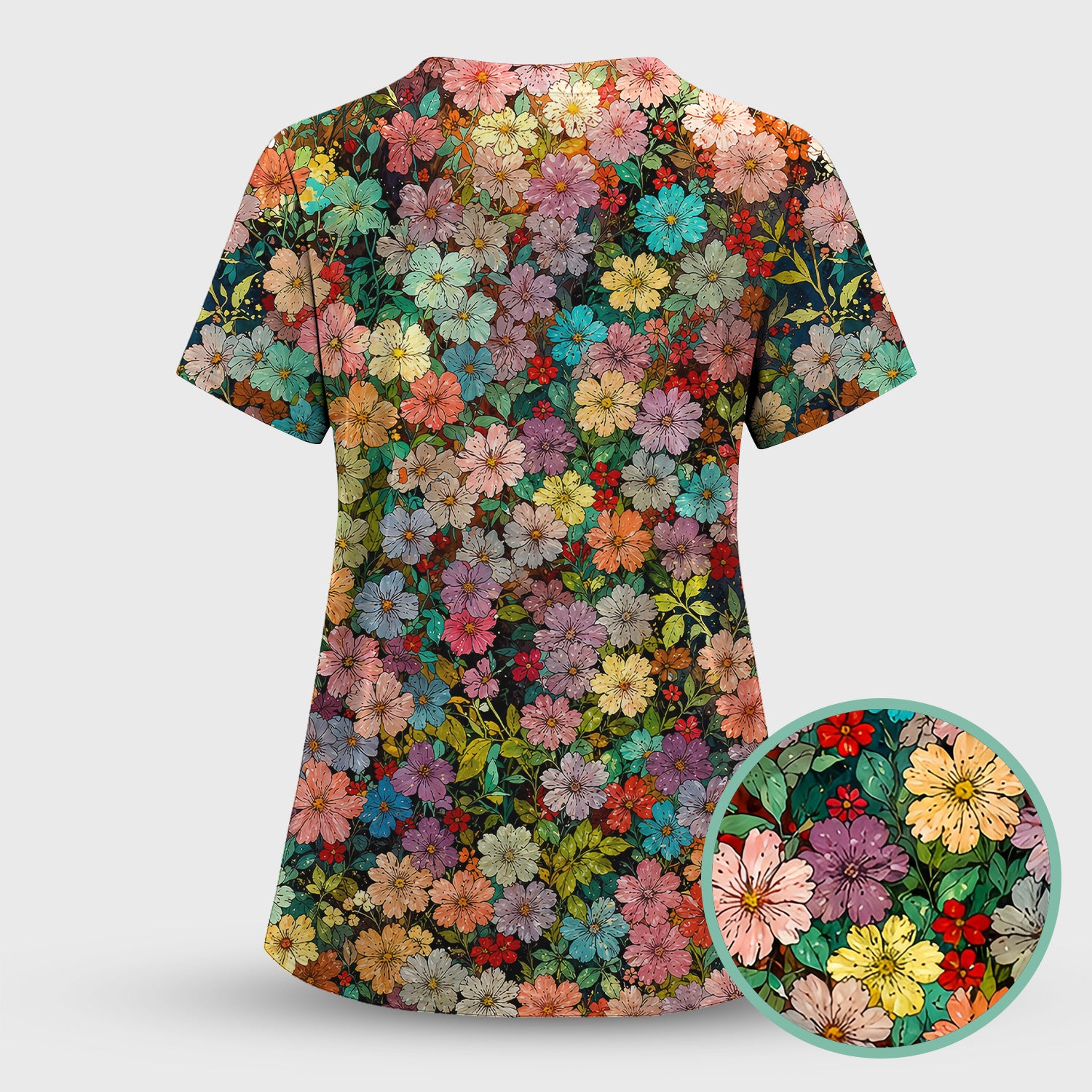 Colorful Wildflower Garden Bloom Pattern Scrub Top, Comfortable Scrubs for Nurses
