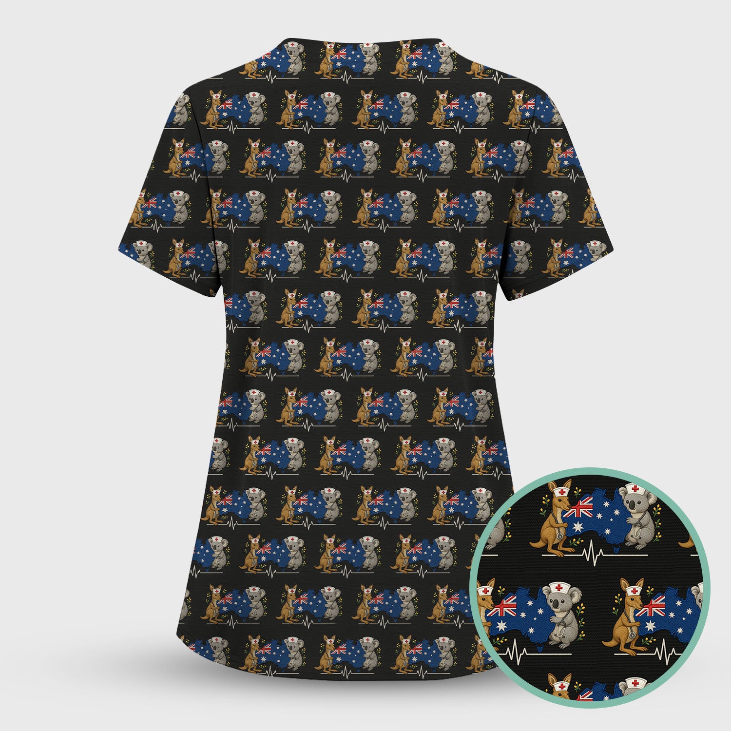 Australian Nurse Scrub Top, Cute Koala Kangaroo Heartbeat Pattern Shirt,  Breathable Fabrics Nursing Uniform