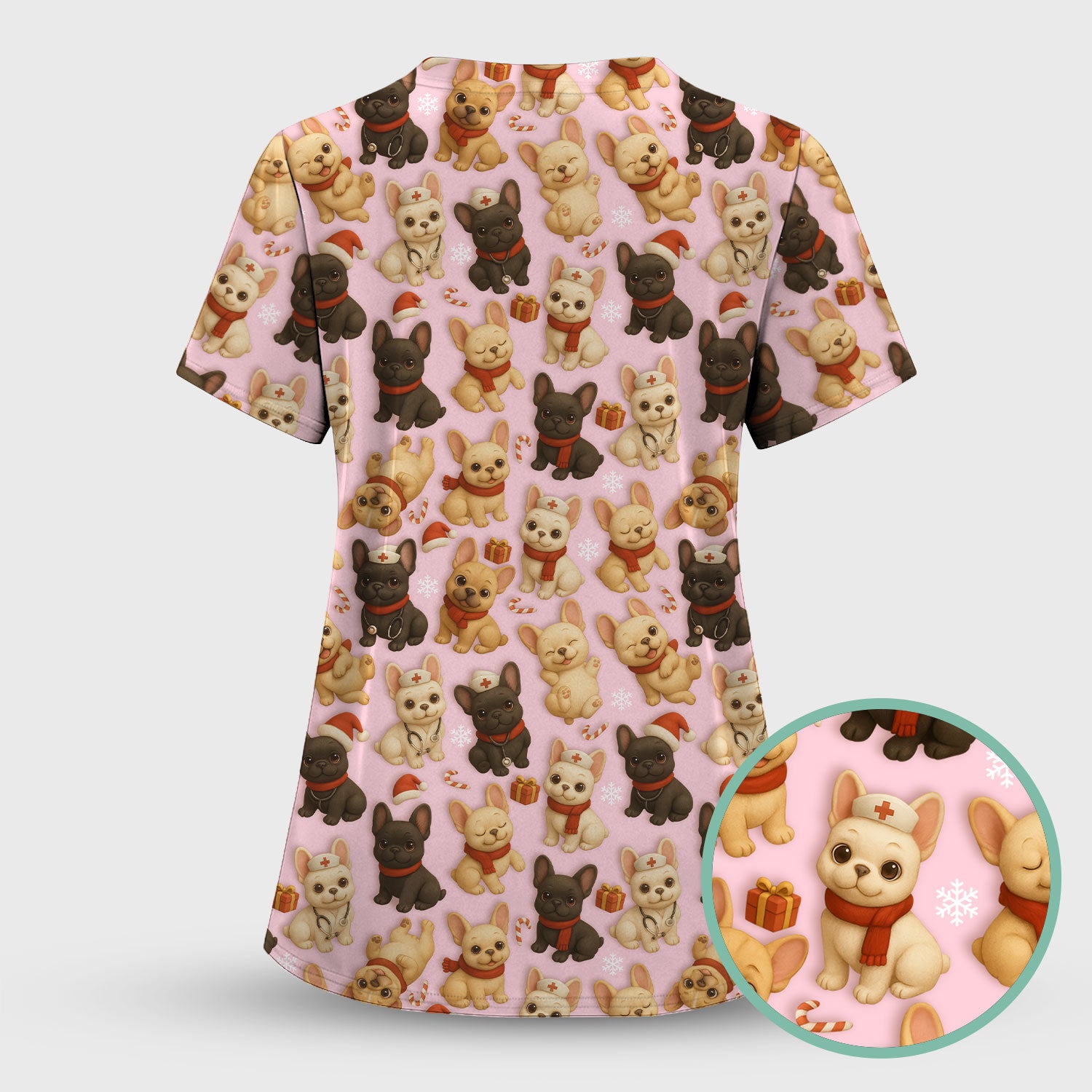 French Bulldog Scrubs Christmas Nurse Set - Cute Holiday Dogs with Candy Canes, Snowflakes & Gifts - Fun Festive Christmas Scrubs for Women