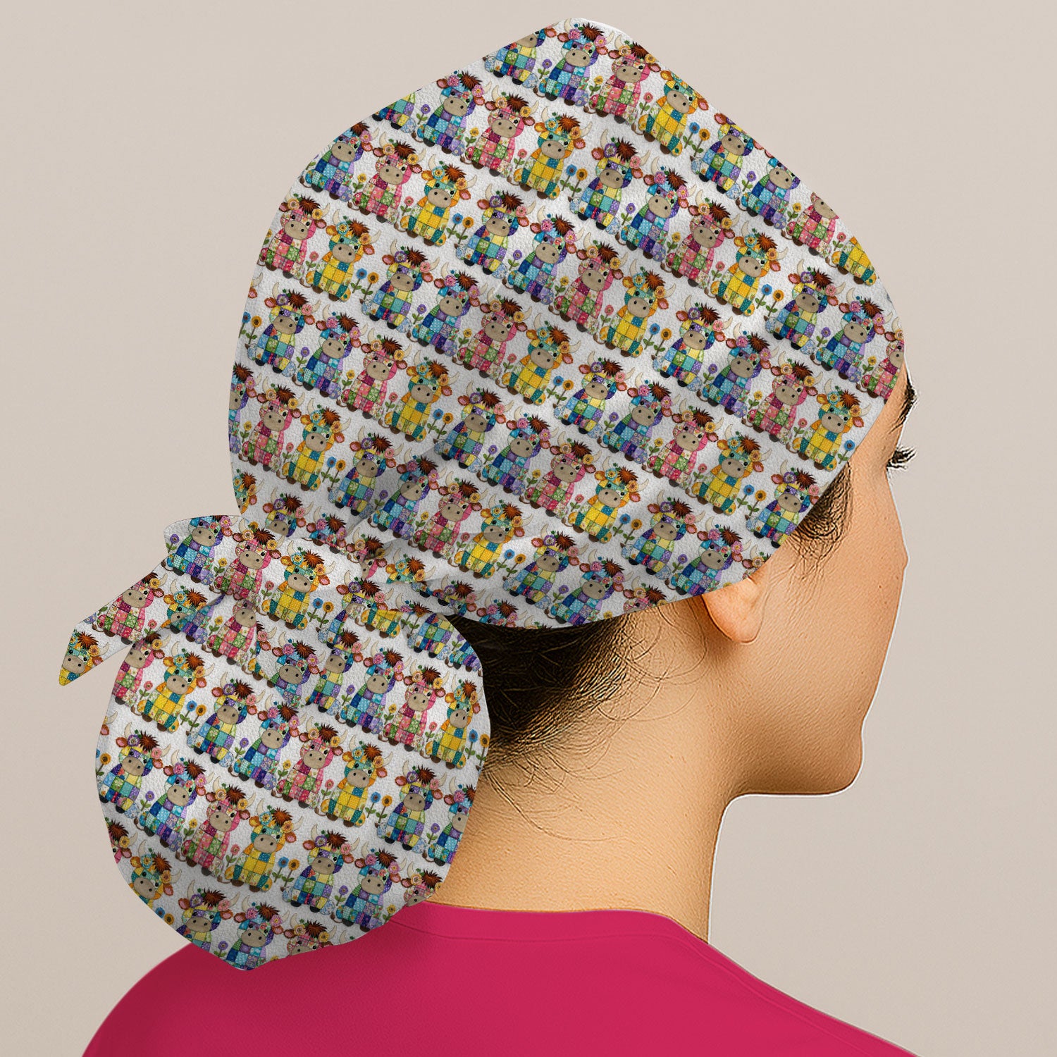 Cute Patchwork Cow With Flowers Pattern Caps, Surgical Caps for Doctors