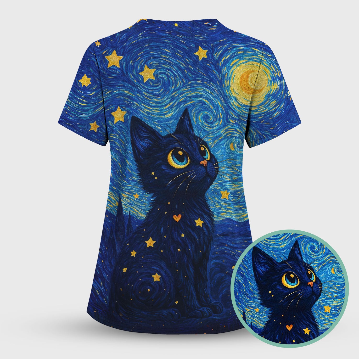 Black Cat Starry Night Pattern Scrub Top, Comfortable Scrubs for Nurses