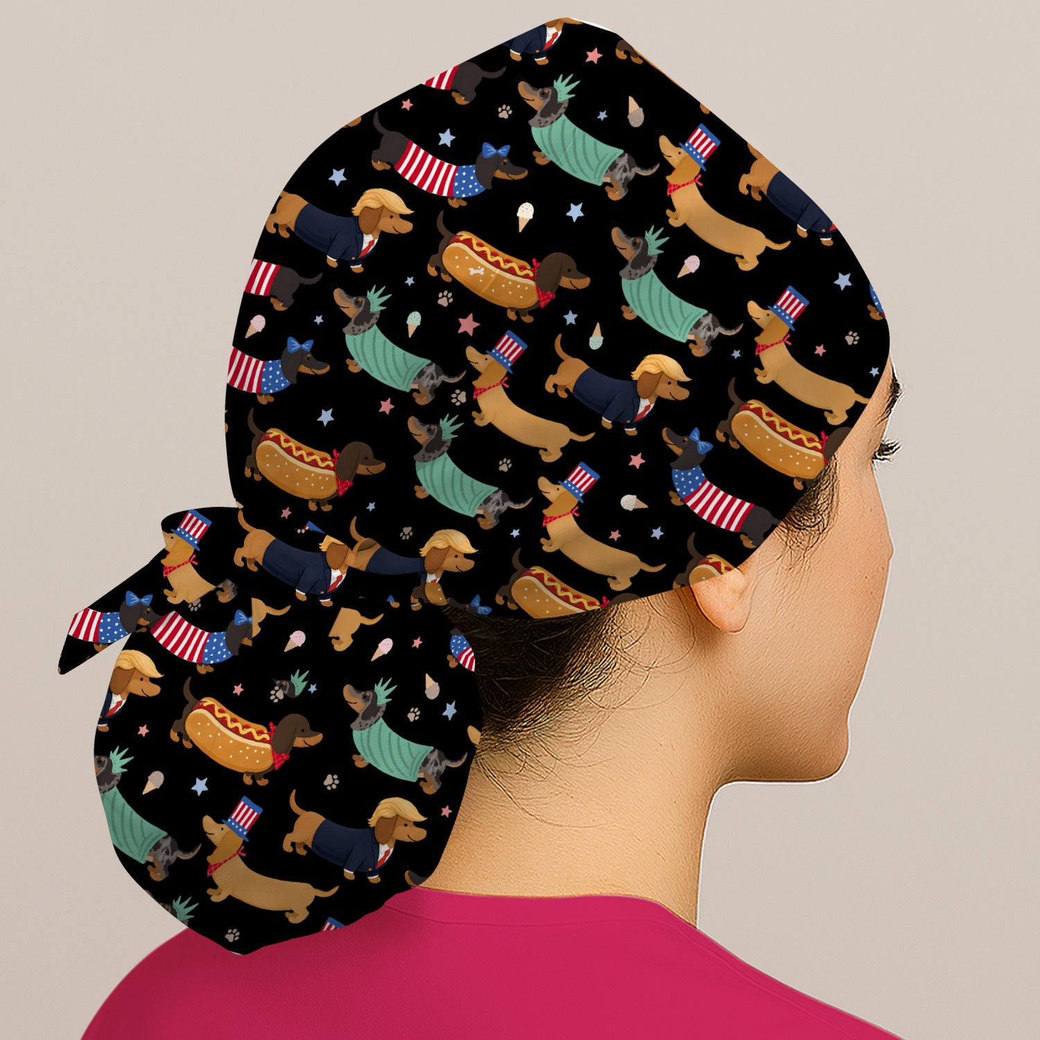 Funny Patriotic Dachshund Costume Dogs Pattern Cap, Bouffant Scrub Caps for Women