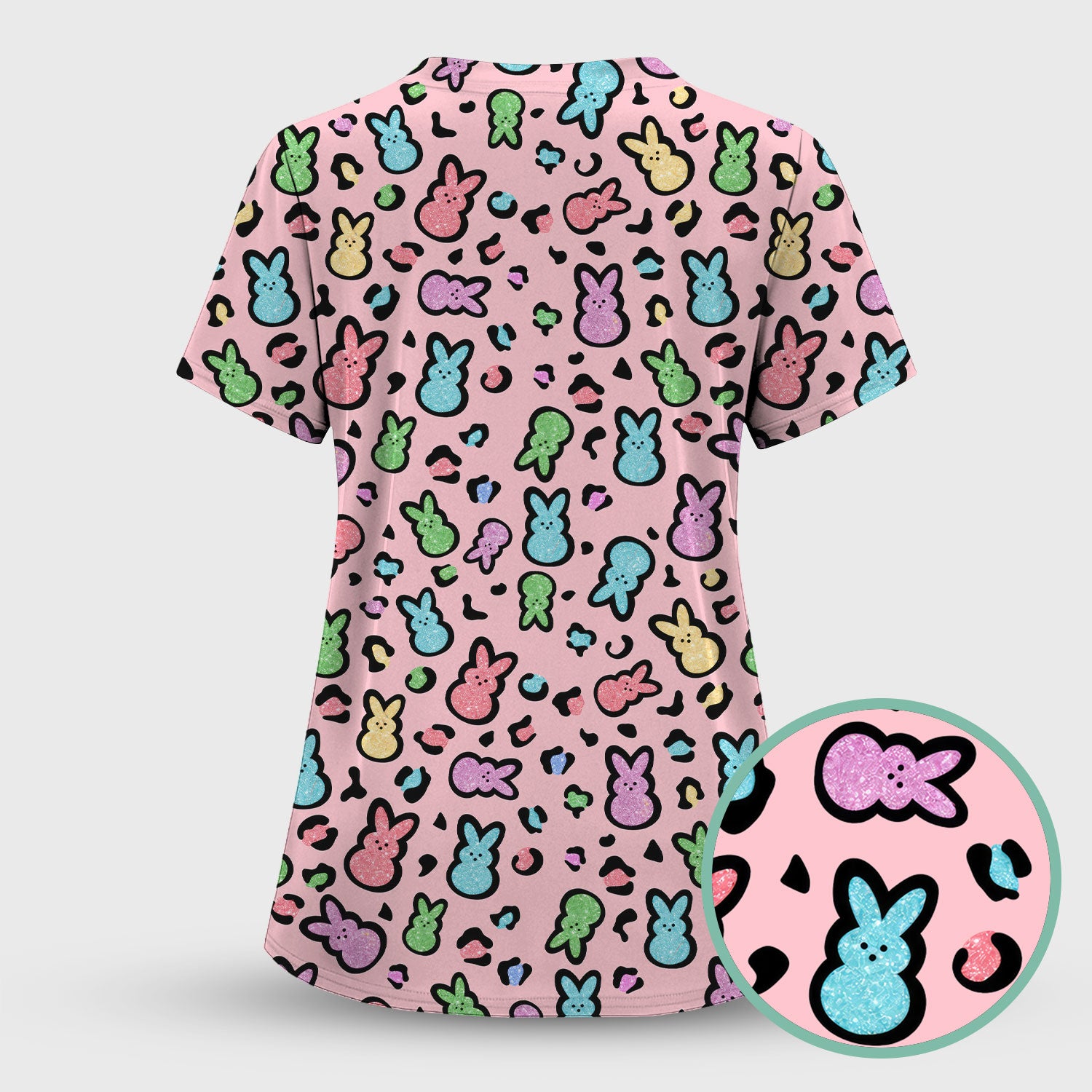 Cute Easter Bunny Pastel Pattern Scrub Set, Scrub Pants and V Neck Top